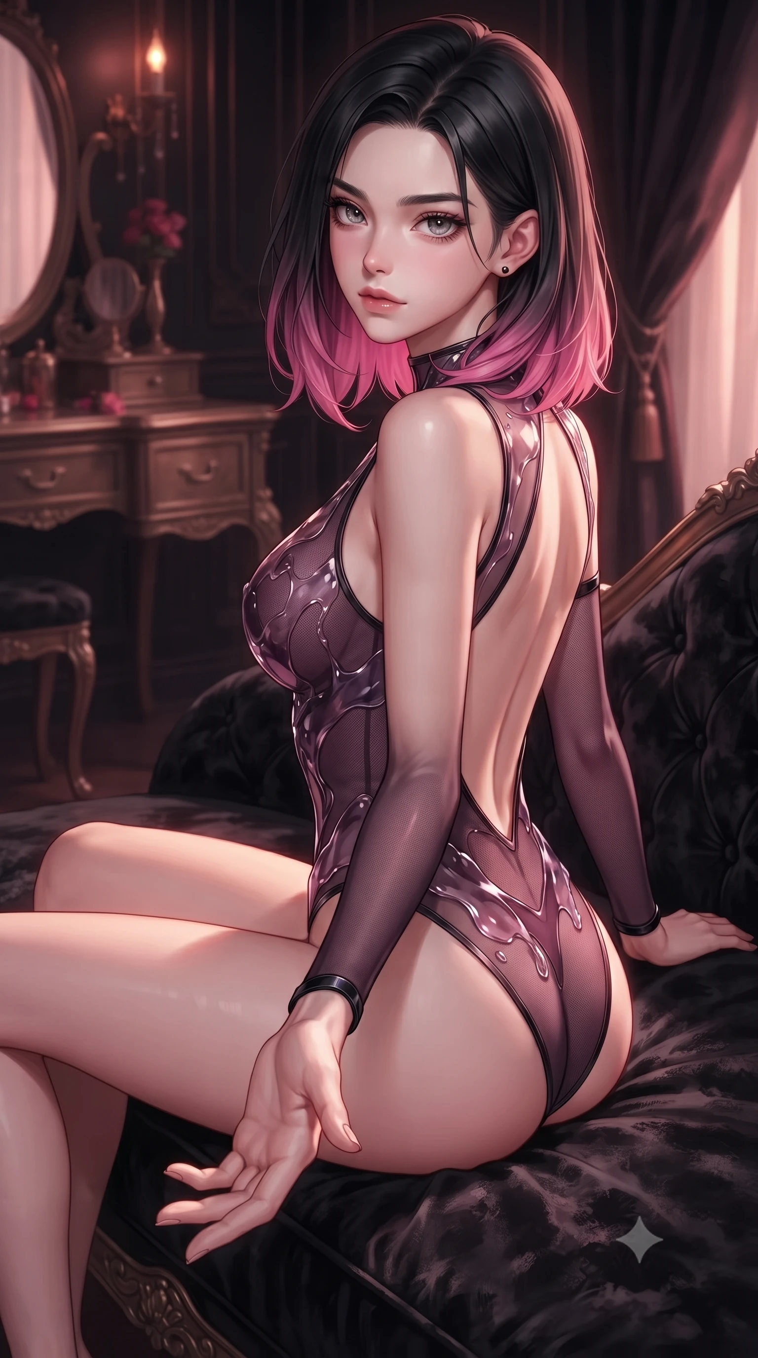 score_9, masterpiece, best quality, ultra-detailed, high-budget anime keyframe, editorial fashion photography, tasteful artistic composition, Korean woman. close-up cowboy shot from the waist and thighs up, the character dominates the composition, filling the frame with her large presence, background elements kept in soft focus. Reaching one hand toward the viewer with relaxed sensual elegance, resting on a plush crushed black velvet lounge sofa in a private boudoir, dramatic open-back outfit revealing her graceful shoulder blades and spine. She has an exceptionally elegant, slender, and willowy female figure with an ultra-slim waist, a gracefully sculpted slender torso, and a refined silhouette. sharp v-shaped jawline, high-bridge nose, intricate jewel-like eyes with depth, thick eyelashes, glossy lips with a natural sheen. wearing translucent liquid acrylic splash bodysuit with semi-opaque dark mesh in dark plum violet, made of liquid dark mercury jersey, adorned with minimalist black onyx hardware framing the silhouette, contouring every curve with an exceptionally elegant silhouette. surrounded by a moody crimson and gold glow with sharp edge highlights. highly saturated vibrant anime colors, detailed shading with soft gradients, rich glossy textures, high-contrast stereoscopic depth, volumetric dynamic lighting, master piece, 9:16 ratio