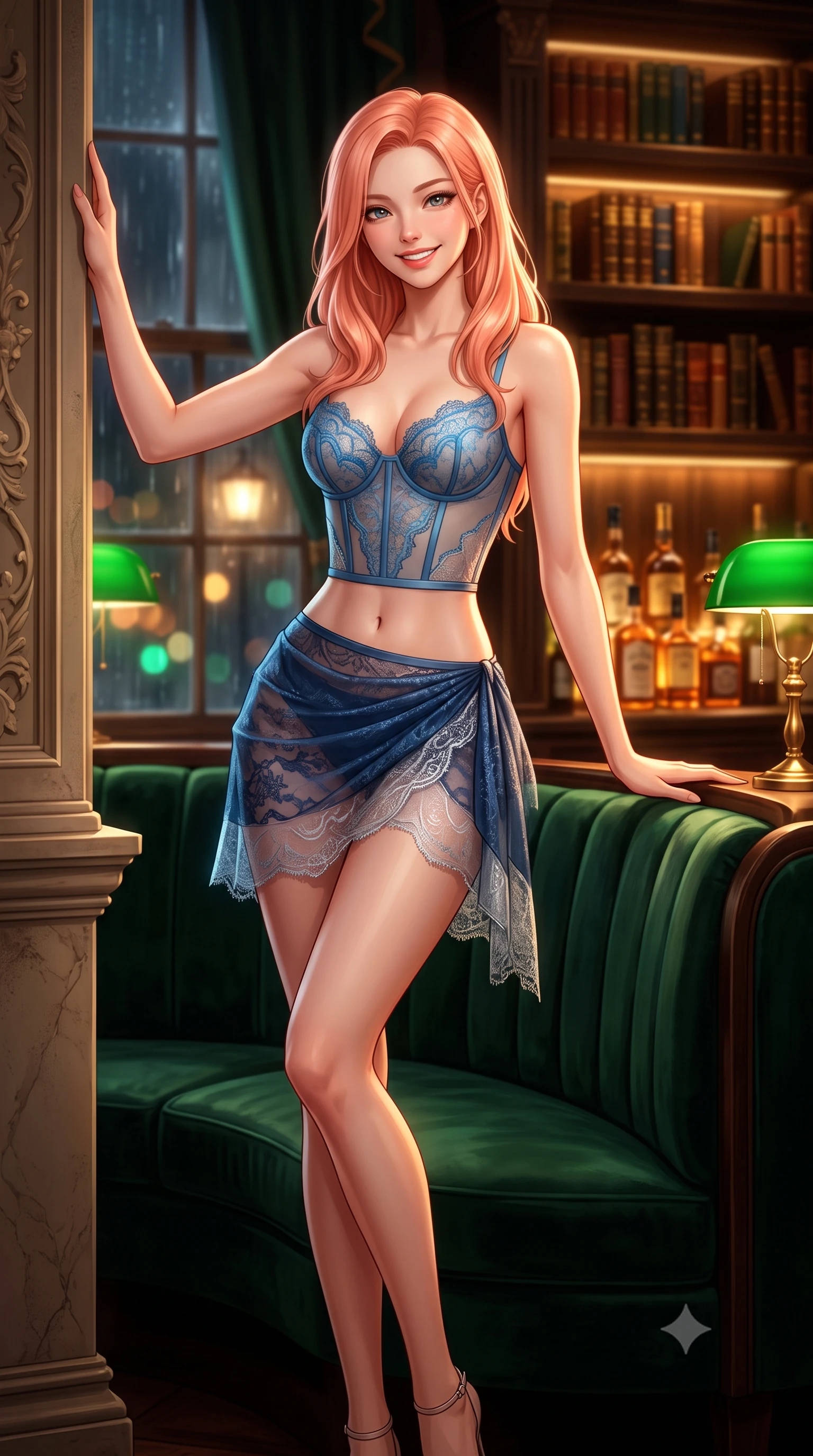 score_9, masterpiece, best quality, ultra-detailed, high-budget anime keyframe, semi-realistic 3D game render, editorial fashion photography, tasteful artistic composition, Japanese woman. low angle full-body shot from head to toe showing her feet, filling the entire 9:16 vertical frame with her statuesque presence, stretching her vertical silhouette. standing tall beside the architectural column, one hand resting high while arching her lower back to emphasize her sculpted feminine hips and slender waist while reclining gracefully across the deep emerald velvet curved banquette propped on one elbow, displaying her long slender limbs and statuesque hourglass silhouette. The background shows a soft-focus leather-bound antique gilt books on soaring shelves, backlit amber liquor bottles, and rainy Mayfair streetlamps through sash windows blurred into emerald, amber, and mahogany bokeh. She has an exceptionally tall and slender model-like 8.5-heads proportion, an ultra-slim waist, a flat toned midriff, narrow delicate ribcage, and beautifully sculpted feminine hips creating a graceful, slim hourglass silhouette without any bulky heaviness, with impossibly long slender legs. sharp v-shaped jawline, high-bridge nose, intricate jewel-like sparkling eyes with depth, thick eyelashes, glossy parted lips with a natural peach sheen, bright cheerful beaming smile with an enchanting and coquettish sensual glint, exuding both youthful cute charm and seductive allure, flawlessly proportioned anatomical accuracy, strict slender model proportions, natural body alignment, perfectly sculpted long slender limbs, ultra-slim waistline, clean dynamic posture without body distortion. wearing a sculpted translucent bustier in azure-blue lace with sheer side panels paired with a draped gossamer mini skirt in Thames nocturnal sapphire and liquid platinum, made of delicate semi-sheer French Chantilly lace with intricate eyelash edges, finished with scalloped eyelash lace trim framing her sweetheart neckline with intimate elegance, the second-skin tailored fabric adhering flawlessly to her sculpted flat midriff and slender torso, emphasizing her long leg lines and perfectly proportioned willowy build. bathed in the rich chiaroscuro 2400K incandescent warmth of green banker's lamps and concealed shelf downlights. highly saturated vibrant anime colors, detailed shading with soft gradients, rich glossy textures, high-contrast stereoscopic depth, volumetric dynamic lighting, master piece, 9:16 ratio