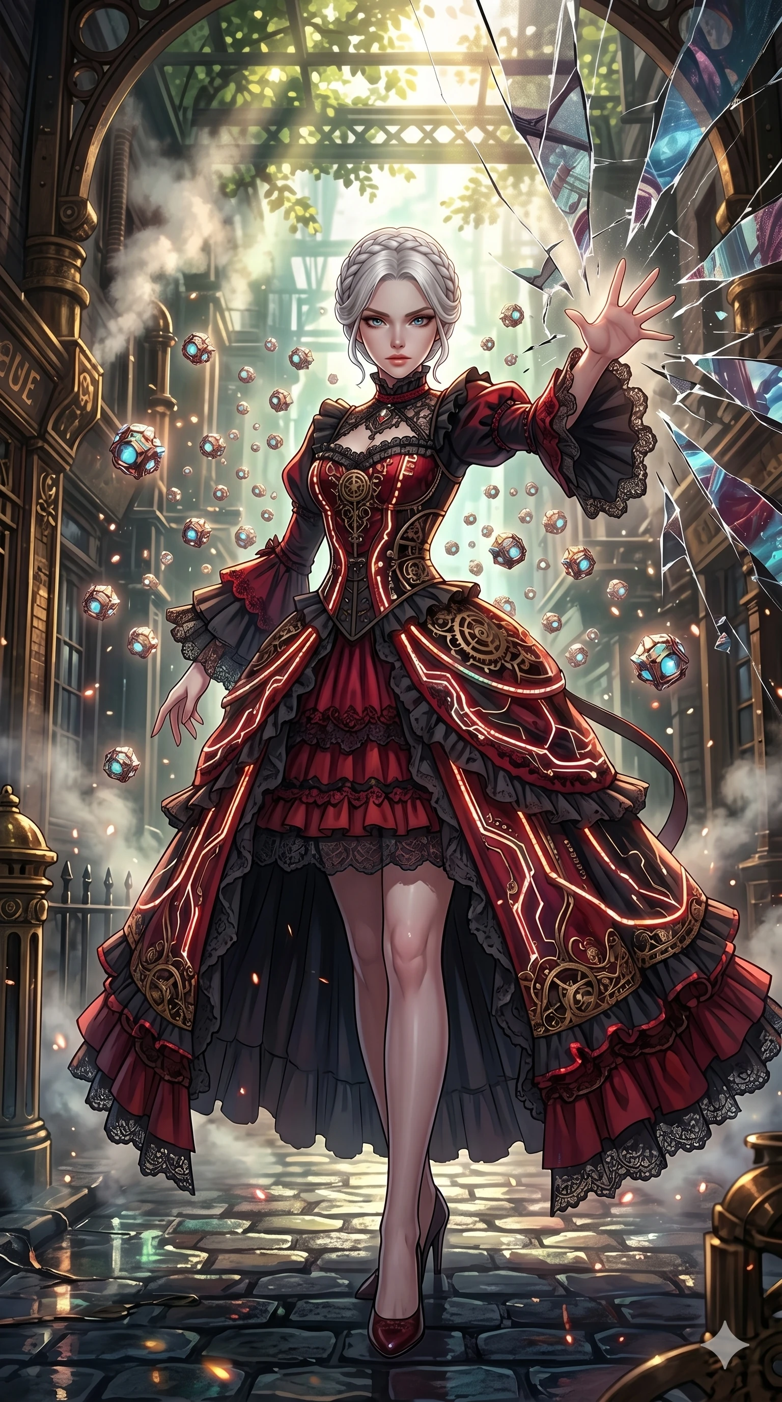 score_9, masterpiece, best quality, ultra-detailed, Set A: High-budget Anime Keyframe, Japanese woman. Upper body close-up from the thighs up, character filling the screen for maximum presence. Theme: Urban Decay. shattering the fabric of reality in a steampunk London alleyway, surrounded by 269 hovering guardian drones. The atmosphere is filled with cinematic sunlight through leaves. She has an absolutely perfect 8-heads proportion, an exceptionally tall and slender female figure with impossibly long slender legs and an ultra-slim waist. Sharp v-shaped jawline, high-bridge nose, intricate jewel-like eyes with depth, glossy lips. Wearing Gothic-lolita tech-dress with mechanical lace ruffles and glowing LED ribbons. Cinematic lighting, vivid colors, dramatic shadows, 2k, ultra detail, master piece, 9:16 ratio