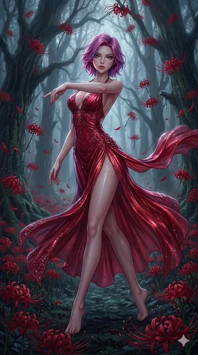 score_9, masterpiece, best quality, ultra-detailed, High-budget Anime Keyframe, East Asian woman. Low angle cowboy shot filling the entire 9:16 frame with her statuesque presence. Scenario 95: Dancing amidst falling red spider lilies in a misty dark 
