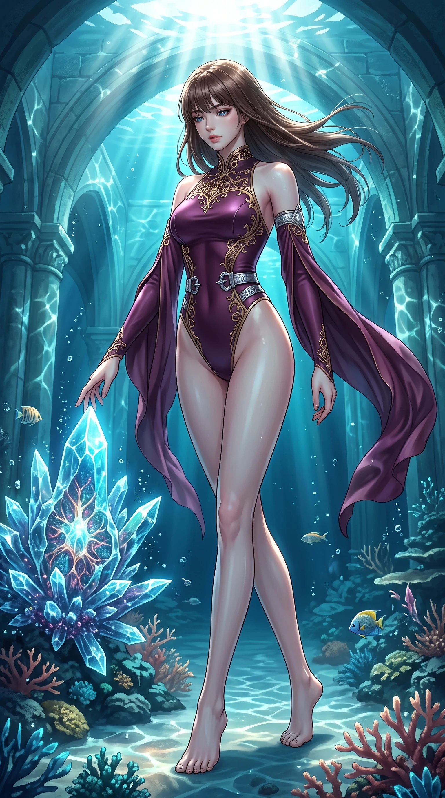 score_9, masterpiece, best quality, ultra-detailed, high-budget anime keyframe, editorial fashion photography, tasteful artistic composition, Korean woman. low angle full-body shot from head to toe showing her feet, filling the entire 9:16 vertical frame with her statuesque presence, stretching her vertical silhouette. stepping forward in a proud dynamic stride with an alluring waist tilt, her vertical silhouette filling the frame while touching a bioluminescent sea crystal in a sun-drenched underwater cathedral with effortless poise, gentle ocean currents swaying her lightweight attire in fluid underwater motions. She has an absolutely perfect, statuesque 8.5-heads proportion, an exceptionally tall and slender model-like female figure with impossibly long slender legs and an ultra-slim waist. sharp v-shaped jawline, high-bridge nose, intricate jewel-like eyes with depth, thick eyelashes, glossy lips with a natural sheen, flawlessly proportioned anatomical accuracy, natural body alignment, perfectly sculpted elegant limbs, clean dynamic posture without body distortion. wearing an asymmetrical high-cut tech-bodysuit with detached sleeves in plum purple and gold filigree, crafted from lustrous satin jersey with fluid draping, detailed with polished silver buckles along the waistline, the form-contouring material highlighting her ultra-slim waist and long lines. bathed in brilliant underwater sunbeams and soft turquoise caustic glow. highly saturated vibrant anime colors, detailed shading with soft gradients, rich glossy textures, high-contrast stereoscopic depth, volumetric dynamic lighting, master piece, 9:16 ratio