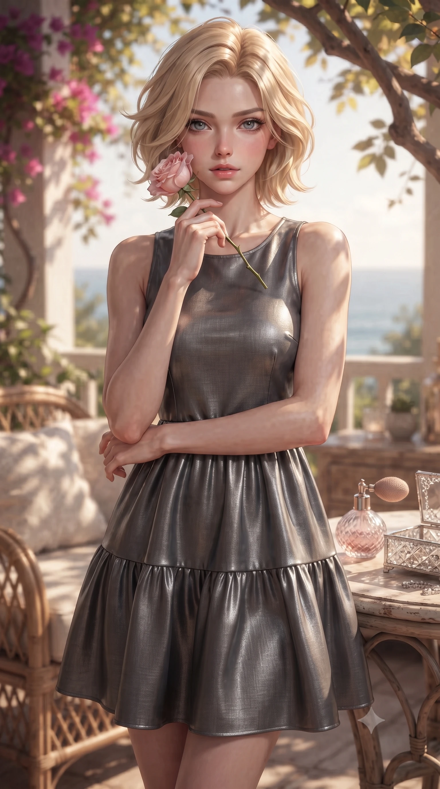 score_9, masterpiece, best quality, ultra-detailed, high-budget anime keyframe, editorial fashion photography, tasteful artistic composition, Caucasian woman. close-up cowboy shot from the waist and thighs up, the character dominates the composition, filling the frame with her large presence, background elements kept in soft focus. gasping softly with a charming expression, holding a rose stem near her cheek with a magnetic stare set against a soft-focus background of inside an exclusive coastal veranda with a vintage perfume atomizer and crystal jewelry box reflecting soft light. She has an exceptionally elegant, slender, and willowy female figure with an ultra-slim waist, a gracefully sculpted slender torso, and a refined silhouette. sharp v-shaped jawline, high-bridge nose, intricate jewel-like eyes with depth, thick eyelashes, glossy lips with a natural sheen. wearing tailored charcoal glossy leather flowy linen sundress with a comfortable tiered skirt silhouette featuring refined tailored seams. highlighted by dappled sunlight filtering through leafy branches, creating soft organic patterns. ultra-reflective glossy finish, specular highlights, metallic sheen, high-contrast stereoscopic depth, volumetric dynamic lighting, 2k, ultra detail, master piece, 9:16 ratio