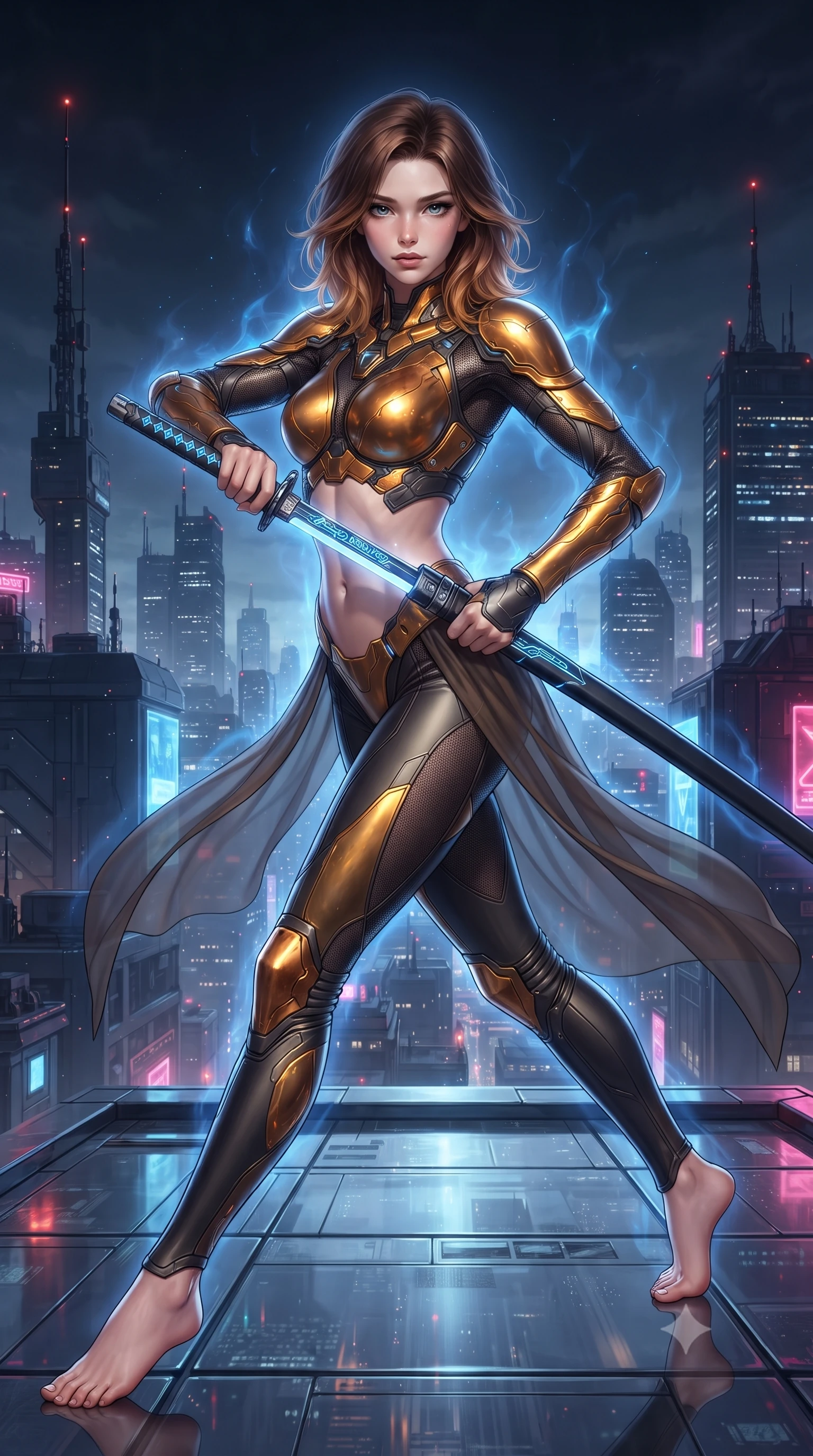 score_9, masterpiece, best quality, ultra-detailed, high-budget anime keyframe, editorial fashion photography, tasteful artistic composition, Korean woman. low angle full-body shot from head to toe showing her feet, filling the entire 9:16 vertical frame with her statuesque presence, stretching her vertical silhouette. pivoting dynamically in mid-motion with a breathtakingly alluring posture, displaying her flawless model proportions, toned flat midriff, and ultra-slim waist while sheathing her sleek plasma katana with effortless supermodel poise while casting a sovereign, captivating direct gaze into the lens. The surrounding environment is rendered in vivid detail and crisp panoramic clarity. intricate cybernetic katana hilt engravings, skyscraper antenna beacons, and neon city reflections in high clarity. She has an absolutely perfect, statuesque 8.5-heads proportion, an exceptionally tall and slender model-like female figure with impossibly long slender legs, a toned flat midriff, and an ultra-slim waist. sharp v-shaped jawline, high-bridge nose, intricate jewel-like eyes with depth, thick eyelashes, glossy lips with a natural sheen, flawlessly proportioned anatomical accuracy, strict slender model proportions, natural body alignment, perfectly sculpted long slender limbs, ultra-slim waistline, clean dynamic posture without body distortion. wearing a sculpted molten-gold and dark carbon cuirass paired with high-mobility combat leggings and sheer side drapes, wielding a glowing plasma energy scythe with fluid grace in electric cobalt blue carbon with polished platinum trim, crafted from ultra-strong woven carbon-fiber composite with a satin luster, finished with high-mobility articulation joints and miniature magnetic armor locks, the glove-like aerodynamic second-skin fit tightly clinging to her ultra-slender waist and athletic curves without adding bulk, accentuating her razor-sharp statuesque lines and slim hourglass silhouette. surrounded by an exhilarating, fierce, and breathtakingly stylish cyber-valkyrie aura. ultra-reflective glossy finish, specular highlights, dark metallic sheen, high-contrast stereoscopic depth, volumetric dynamic lighting, 2k, ultra detail, master piece, 9:16 ratio