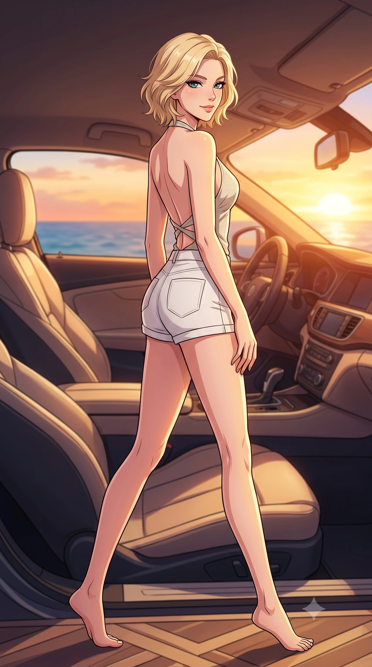 score_9, masterpiece, best quality, ultra-detailed, high-budget anime keyframe, tasteful artistic composition, Caucasian woman. low angle full-body shot from head to toe showing her feet, filling the entire 9:16 vertical frame with her statuesque presence, stretching her vertical silhouette. stepping gracefully while looking back over her shoulder, her dress draped tightly to reveal her silhouette the background shows a soft-focus the passenger seat of a luxury coupe overlooking the ocean horizon at sunset. She has an absolutely perfect, statuesque 8.5-heads proportion, an exceptionally tall and slender model-like female figure with impossibly long slender legs and an ultra-slim waist. sharp v-shaped jawline, high-bridge nose, intricate jewel-like eyes with depth, thick eyelashes, glossy lips with a natural sheen. wearing a slim-fit stylish linen halter top with an open-back design, paired with white micro-shorts. warm sunset light filtering through the window, painting the interior in orange. highly saturated vibrant anime colors, cel-shading, 2d style, master piece, 9:16 ratio