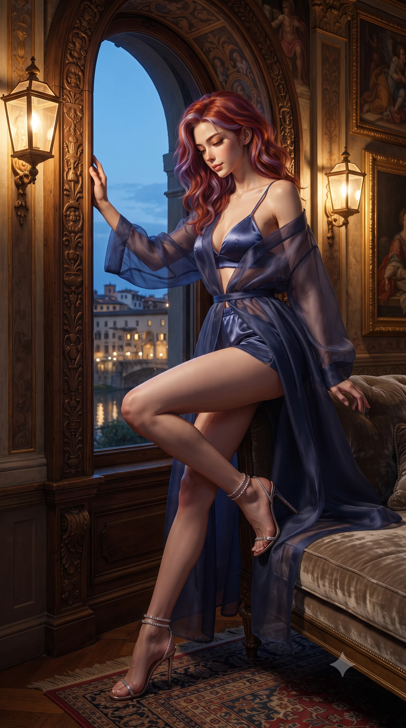 score_9, masterpiece, best quality, ultra-detailed, high-budget anime keyframe, editorial fashion photography, tasteful artistic composition, Caucasian woman. close-up cowboy shot from the waist and thighs up, the character dominates the composition, filling the frame with her large presence. perched sideways on the lounge seat, one knee drawn up to showcase her slender leg line while her arched back accentuates her feminine hip curve while leaning against the ancient wooden window embrasure with hips cocked back, looking down at the illuminated jeweled shops and Arno river with smoldering bedroom-eyes. The surrounding environment is rendered in vivid detail and crisp panoramic clarity: detailed outfit silhouette, fabric cling or tailoring, and Renaissance architecture in high resolution. She has an exceptionally elegant, slender, and willowy female figure with an ultra-slim waist, flat toned midriff, narrow ribcage, and sculpted feminine hips creating an alluring, slim hourglass silhouette without bulk. sharp v-shaped jawline, high-bridge nose, intricate jewel-like sparkling eyes with depth, thick eyelashes, glossy parted lips with a natural peach sheen, bright cheerful beaming smile with an enchanting and coquettish sensual glint, exuding both youthful cute charm and seductive allure, flawlessly proportioned anatomical accuracy, strict slender model proportions, natural body alignment, perfectly sculpted long slender limbs, ultra-slim waistline, clean dynamic posture without body distortion. wearing a sheer silk organza modern caftan robe worn loose and slipping off bare shoulders over a matching satin bralette and micro-shorts in Vltava misty twilight cobalt and polished brass, crafted from bespoke double-faced cashmere with an exceptionally soft tactile finish, complemented by strappy stiletto sandals with crystal ankle wraps accentuating her slender calves, the high-slit wrap tailoring accentuating her ultra-slim waistline and the enchanting curve of her feminine hips with alluring seductive charm. bathed in the warm golden 2300K glow of vintage wall lanterns mixed with twilight blue from the arched window. ultra-reflective glossy finish, specular highlights, rich textural contrasts, high-contrast stereoscopic depth, volumetric dynamic lighting, 2k, ultra detail, master piece, 9:16 ratio