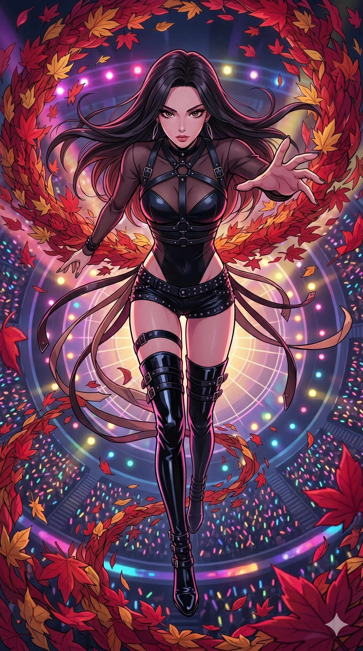 score_9, masterpiece, best quality, ultra-detailed, high-budget anime movie keyframe, cinematic anime lighting, intricate line art, Japanese woman. Extreme high angle shot as she leaps towards the camera, filling the frame. commanding a vortex of swirling autumn leaves to protect her. She has an absolutely perfect 8-heads proportion, an exceptionally tall and slender female figure with an ultra-slim waist and impossibly long slender legs. strictly human anatomy, two legs only, no extra limbs, clearly defined legs and arms, perfect anatomy, perfect hands and fingers. sharp v-shaped jawline, high-bridge nose, intricate jewel-like eyes, thick eyelashes, glossy lips. Wearing K-Idol Stage: Leather harness over mesh, high-cut bodysuit, studded micro-shorts, and thigh-high patent boots. The scene is illuminated by dramatic atmospheric lighting and vibrant color palettes. , 2k, ultra detail, master piece, 9:16 ratio