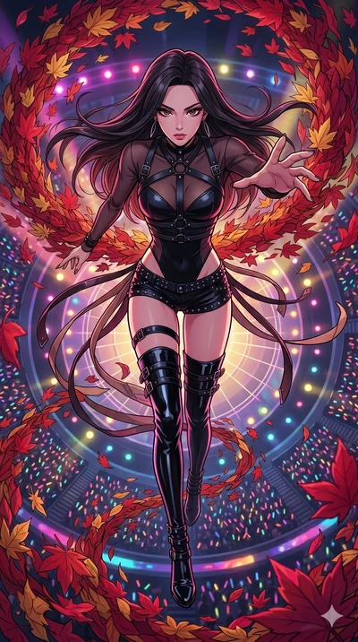 score_9, masterpiece, best quality, ultra-detailed, high-budget anime movie keyframe, cinematic anime lighting, intricate line art, Japanese woman. Extreme high angle shot as she leaps towards the camera, filling the frame. commanding a vortex of swi