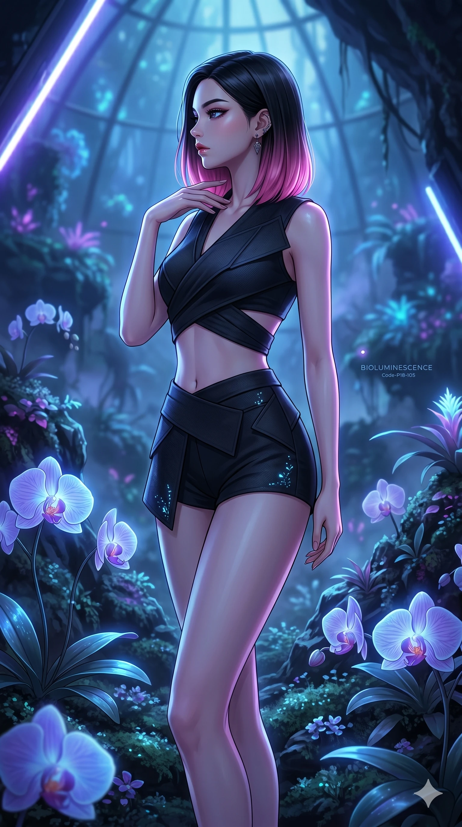 score_9, masterpiece, best quality, ultra-detailed, high-budget anime keyframe, editorial fashion photography, tasteful artistic composition, Korean woman. cowboy shot from the thighs up, character and outfit filling the frame for maximum editorial presence. turning her face in a sharp profile, her expression cool, confident in a bioluminescent rainforest dome where orchid petals glow softly (Code-P18-105). She has an absolutely perfect 8-heads proportion, an exceptionally tall and slender female figure with impossibly long slender legs and an ultra-slim waist. V-shaped jawline, high-bridge nose, intricate jewel-like eyes with depth, thick eyelashes, glossy lips with a natural sheen. wearing a wrap top exposing her bare midriff and matching micro-shorts. cool blue and violet neon light, highlighting the sleek contours of her athletic figure. 2k, ultra detail, master piece, 9:16 ratio
