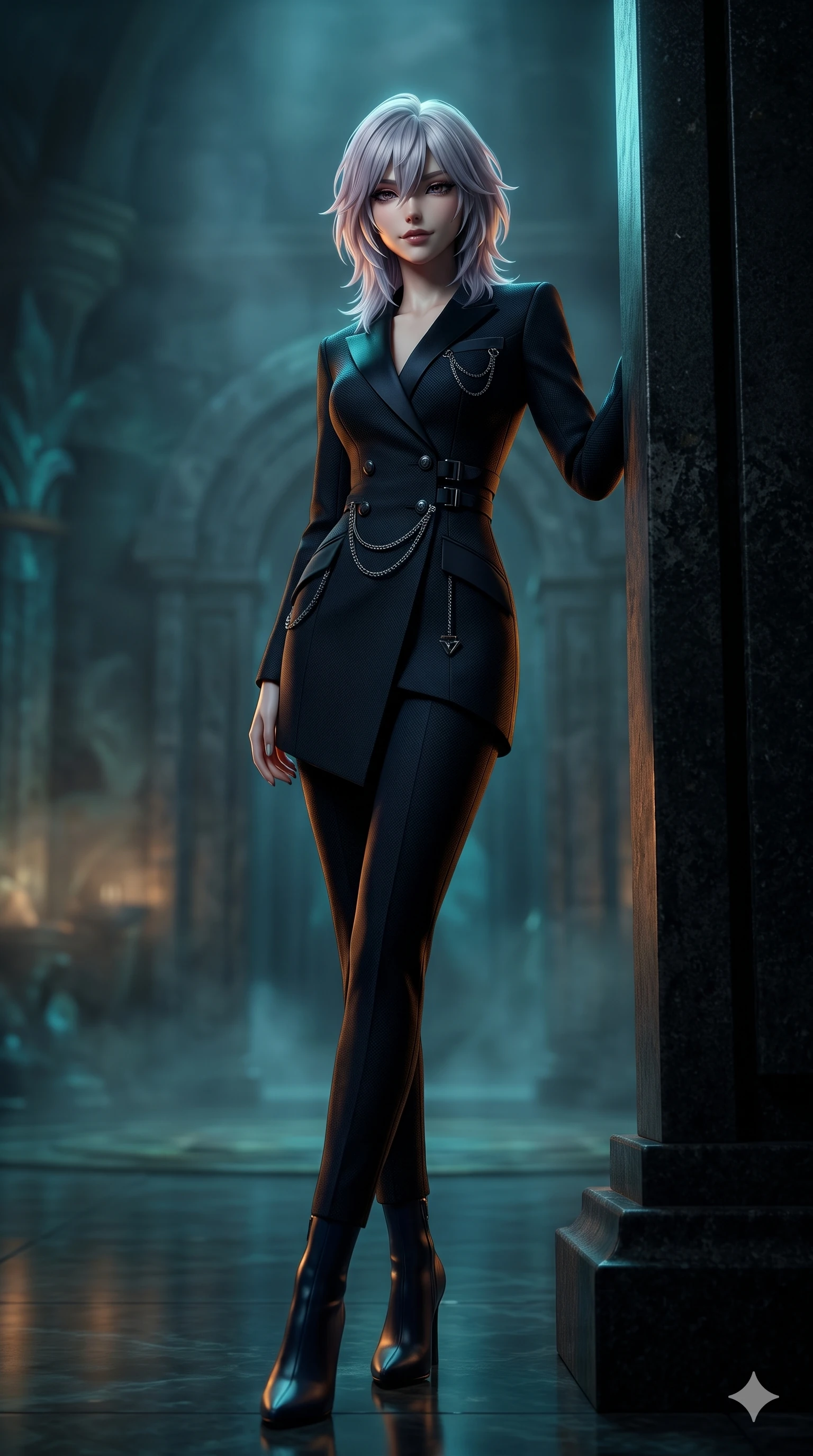 score_9, masterpiece, best quality, ultra-detailed, high-budget anime keyframe, semi-realistic 3D game render, editorial fashion photography, tasteful artistic composition, Japanese woman. low angle full-body shot from head to toe showing her feet, filling the entire 9:16 vertical frame with her statuesque presence, stretching her vertical silhouette. navigating the midnight sanctuary with an effortless, graceful stride, hips swaying in an alluring sensual rhythm while leaning against the monumental black granite crypt portal with hips cocked back, looking through dark wet eyelashes with an enchanting siren smile. The background shows a soft-focus subterranean palace atrium softened in aquatic architecture shallow focus. She has an absolutely perfect, statuesque 8.5-heads proportion, an exceptionally tall and slender model-like female figure with impossibly long slender legs, an ultra-slim waist, a flat toned midriff, narrow delicate ribcage, and beautifully sculpted feminine hips creating a graceful, slim hourglass silhouette without any bulky heaviness. sharp v-shaped jawline, high-bridge nose, intricate jewel-like dark sparkling eyes with hypnotic seductive depth, thick curled eyelashes, glossy parted lips with a natural wine sheen, alluring bedroom-eyes with an enigmatic smoldering smile, exuding magnetic sovereign charisma and dark avant-garde glamour, flawlessly proportioned anatomical accuracy, strict slender model proportions, natural body alignment, perfectly sculpted long slender limbs, ultra-slim waistline, clean dynamic posture without body distortion. wearing a tailored onyx black tux dress with silk lapels and fitted waist in midnight navy blue and smoky pitch black, woven from bespoke high-density barathea wool with refined ceremonial hold, framed by dark titanium buckles and silver chain details, the bespoke structured tailoring following the natural line of her 8.5-heads silhouette with refined elegance. illuminated by polished floor bounce and sharp cyan-amber rim lights defining her razor-sharp jawline, narrow waist, and curvy hips. highly saturated vibrant anime colors, detailed shading with soft gradients, rich glossy textures, high-contrast stereoscopic depth, volumetric dynamic lighting, master piece, 9:16 ratio