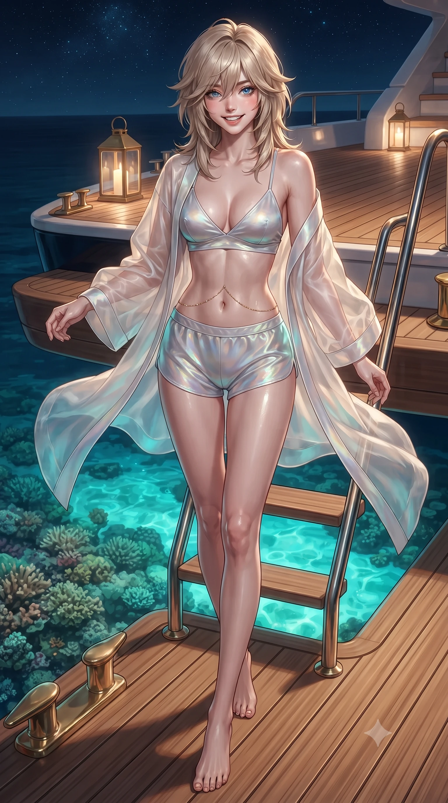 score_9, masterpiece, best quality, ultra-detailed, high-budget anime keyframe, editorial fashion photography, tasteful artistic composition, Japanese woman. low angle full-body shot from head to toe showing her feet, filling the entire 9:16 vertical frame with her statuesque presence, stretching her vertical silhouette. stepping slowly toward the camera with hypnotic grace, hips swaying in an alluring sensual rhythm that accentuates her curvy hourglass silhouette and long slender legs while twisting her slender torso in an alluring contrapposto stance beside the private swim-up ladder, glowing turquoise reef lights wrapping around her flat midriff and hips. The surrounding environment is rendered in vivid detail and crisp panoramic clarity: sharp natural teak plank grain, polished brass deck cleats, and live coral reef texture through transparent water in deep focus. She has an exceptionally tall and slender model-like 8.5-heads proportion, an ultra-slim waist, a flat toned midriff, narrow delicate ribcage, and beautifully sculpted feminine hips creating a graceful, slim hourglass silhouette without any bulky heaviness, with impossibly long slender legs. sharp v-shaped jawline, high-bridge nose, intricate jewel-like sparkling eyes with depth, thick eyelashes, glossy parted lips with a natural peach sheen, bright cheerful beaming smile with an enchanting and coquettish sensual glint, exuding both youthful cute charm and seductive allure, flawlessly proportioned anatomical accuracy, strict slender model proportions, natural body alignment, perfectly sculpted long slender limbs, ultra-slim waistline, clean dynamic posture without body distortion. wearing a sheer silk organza modern caftan robe worn loose and slipping off bare shoulders over a matching satin bralette and micro-shorts in iridescent mother-of-pearl and liquid molten silver, crafted from fluid liquid silk satin that clings smoothly to her narrow waist and rounded hips with a dewy sheen, accented with a dainty gold belly chain resting across her flat midriff and curving hips, the second-skin tailored fabric adhering flawlessly to her sculpted flat midriff and slender torso, emphasizing her long leg lines and perfectly proportioned willowy build. bathed in underwater reef cyan-and-green LEDs shining upward contrasted with warm 2700K deck lanterns and clear tropical starlight. ultra-reflective glossy finish, specular highlights, rich textural contrasts, high-contrast stereoscopic depth, volumetric dynamic lighting, 2k, ultra detail, master piece, 9:16 ratio