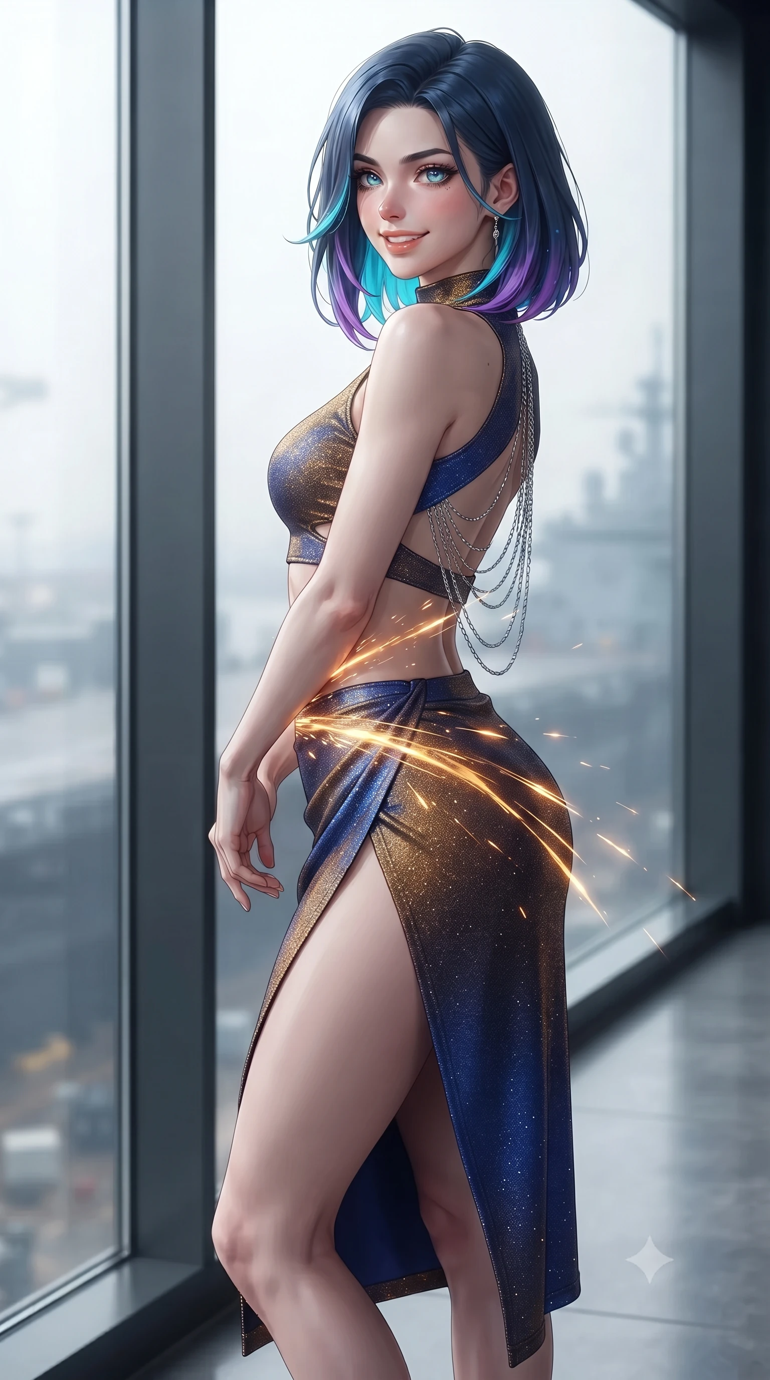 score_9, masterpiece, best quality, ultra-detailed, high-budget anime keyframe, editorial fashion photography, tasteful artistic composition, Caucasian woman. low angle full-body shot from head to toe showing her feet, filling the entire 9:16 vertical frame with her statuesque presence, stretching her vertical silhouette. posing in a classic haute-couture S-curve stance beside the floor-to-ceiling window, looking over a bare shoulder with magnetic presence while twisting her slender torso in an alluring contrapposto stance, cascades of welding sparks painting dynamic molten gold light ribbons across her narrow waist and hips. The background shows a soft-focus welding vapor haze softened in zero-gravity naval drydock shallow focus. She has an exceptionally tall and slender model-like 8.5-heads proportion, an ultra-slim waist, a flat toned midriff, narrow delicate ribcage, and beautifully sculpted feminine hips creating a graceful, slim hourglass silhouette without any bulky heaviness, with impossibly long slender legs. sharp v-shaped jawline, high-bridge nose, intricate jewel-like sparkling eyes with depth, thick eyelashes, glossy parted lips with a natural peach sheen, bright cheerful beaming smile with an enchanting and coquettish sensual glint, exuding both youthful cute charm and seductive allure, flawlessly proportioned anatomical accuracy, strict slender model proportions, natural body alignment, perfectly sculpted long slender limbs, ultra-slim waistline, clean dynamic posture without body distortion. wearing an alluring tactical crop top with asymmetrical side-rib cutouts and high-neck collar paired with a high-slit wrap skirt in Jovian storm amber and electric cobalt, woven from stretch metallic lurex jersey casting radiant starlight glints across her curves, accented with an open-back drape framed by falling strands of delicate chrome chains, the form-contouring silhouette accentuating her sculpted flat midriff, narrow delicate ribcage, and gracefully curvy hips with intoxicating allure. bathed in high-contrast golden welding arcs contrasted with deep obsidian shadow gradients and starlight. ultra-reflective glossy finish, specular highlights, rich textural contrasts, high-contrast stereoscopic depth, volumetric dynamic lighting, 2k, ultra detail, master piece, 9:16 ratio