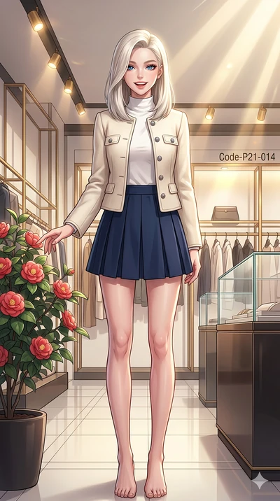 score_9, masterpiece, best quality, ultra-detailed, high-budget anime keyframe, vibrant anime aesthetic, Caucasian woman, strictly human ears. low angle full-body shot from head to toe showing her feet, filling the entire 9:16 vertical frame with her