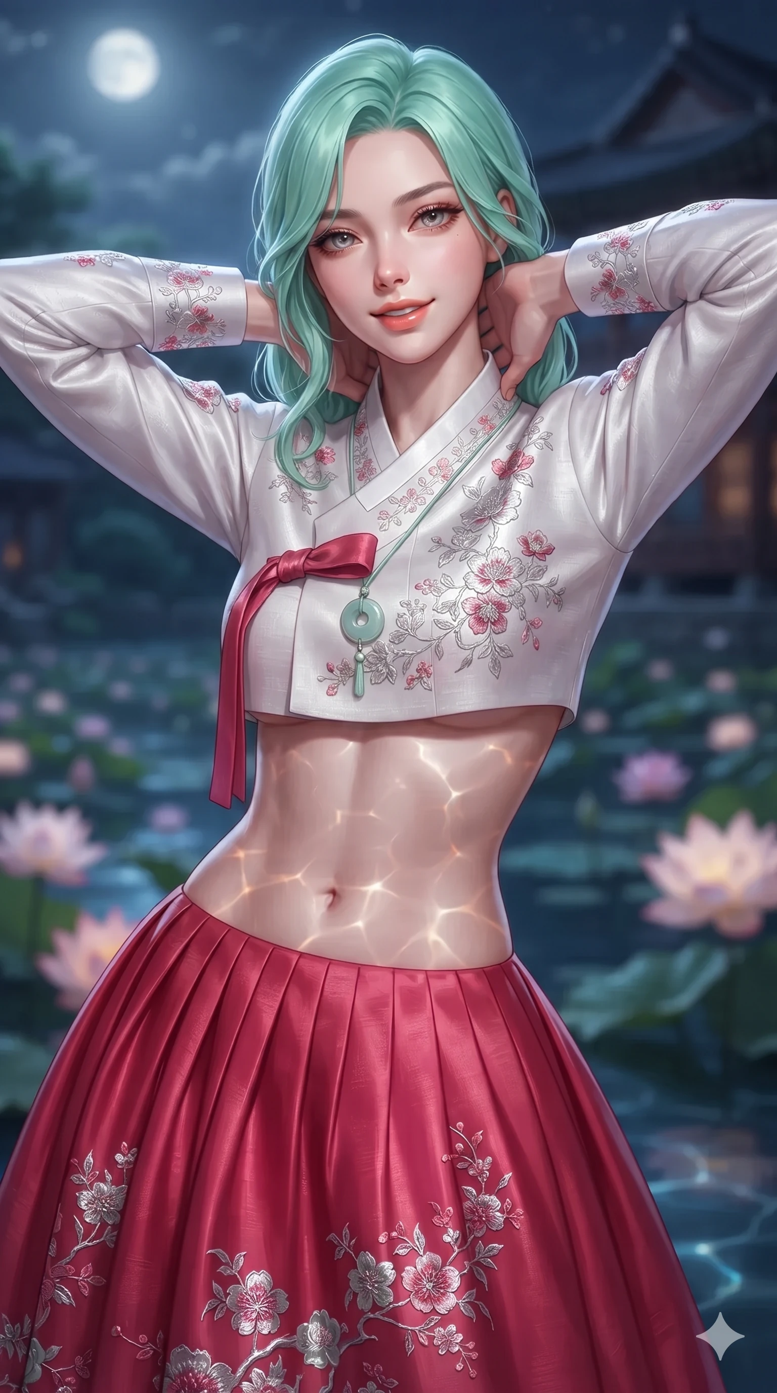score_9, masterpiece, best quality, ultra-detailed, high-budget anime keyframe, editorial fashion photography, tasteful artistic composition, Japanese woman. close-up cowboy shot from the waist and thighs up, the character dominates the composition, filling the frame with her large presence. resting both hands lightly behind her neck with elbows raised, arching her spine to highlight her narrow waist, flat midriff, and breathtaking collarbones while twisting her slender torso in an alluring contrapposto stance, shimmering water refractions from the lotus pool dancing across her flat midriff. The background shows a soft-focus tranquil royal water garden softened in atmospheric nocturnal shallow focus. She has an exceptionally elegant, slender, and willowy female figure with an ultra-slim waist, flat toned midriff, narrow ribcage, and sculpted feminine hips creating an alluring, slim hourglass silhouette without bulk. sharp v-shaped jawline, high-bridge nose, sparkling eyes with hypnotic seductive depth, thick curled eyelashes, glossy parted lips with a natural dewy peach sheen, alluring bedroom-eyes with an enchanting coquettish smile, exuding magnetic siren charisma and sophisticated glamour, flawlessly proportioned anatomical accuracy, strict slender model proportions, natural body alignment, perfectly sculpted long slender limbs, ultra-slim waistline, clean dynamic posture without body distortion. wearing an elegant long-sleeve embroidered silk chima gown with a structured jeogori bodice and graceful pleated drape in pure snow white and vivid cherry blossom crimson, woven from bespoke Korean ramie fabric with crisp tactile slub texture, finished with a minimalist celadon porcelain pendant on a fine silk cord, the impeccably tailored cut draping gracefully along her slender figure with aristocratic eastern poise. illuminated by dark water reflection bounce and sharp silver-rose rim lights defining her razor-sharp jawline, narrow waist, and curvy hips. ultra-reflective glossy finish, specular highlights, rich textural contrasts, high-contrast stereoscopic depth, volumetric dynamic lighting, 2k, ultra detail, master piece, 9:16 ratio