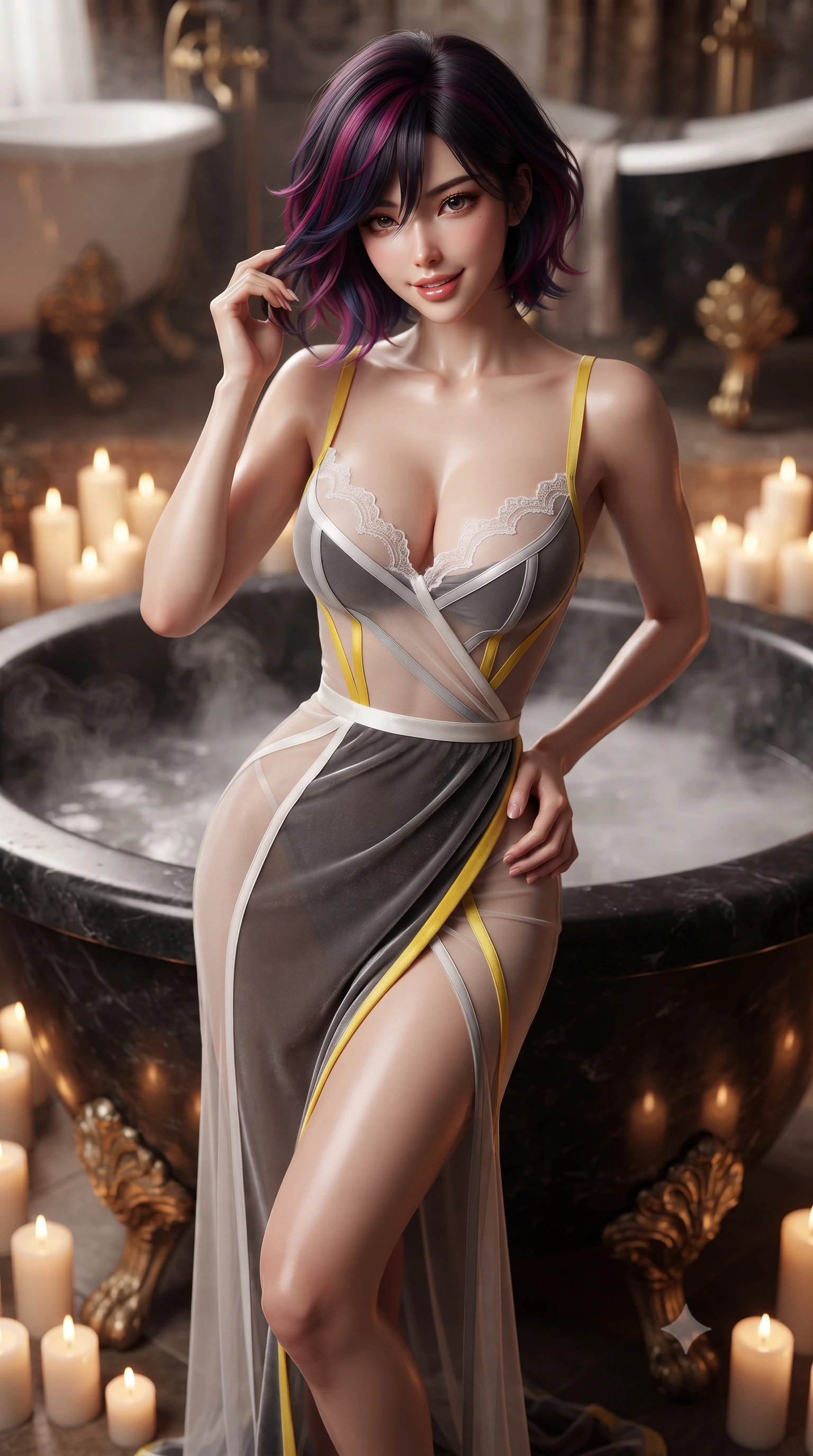 score_9, masterpiece, best quality, ultra-detailed, high-budget anime keyframe, editorial fashion photography, tasteful artistic composition, Korean woman. close-up cowboy shot from the waist and thighs up, the character dominates the composition, filling the frame with her large presence. twisting her slender torso in an alluring contrapposto stance, one hand resting on her sculpted hip while her fingers toy with her hair with effortless poise while leaning back against the steaming black stone tub with hips cocked back, looking into the lens with an intoxicating, smoldering gaze. The background shows a soft-focus ornate gilded clawfoot tub feet softened in intimate boudoir shallow focus. She has an exceptionally elegant, slender, and willowy female figure with an ultra-slim waist, flat toned midriff, narrow ribcage, and sculpted feminine hips creating an alluring, slim hourglass silhouette without bulk. sharp v-shaped jawline, high-bridge nose, sparkling eyes with hypnotic seductive depth, thick curled eyelashes, glossy parted lips with a natural dewy peach sheen, alluring bedroom-eyes with an enchanting coquettish smile, exuding magnetic siren charisma and sophisticated glamour, flawlessly proportioned anatomical accuracy, strict slender model proportions, natural body alignment, perfectly sculpted long slender limbs, ultra-slim waistline, clean dynamic posture without body distortion. wearing a provocative sheer illusion mesh vampire gown with liquid satin ribbons contouring her hourglass curves in Bauhaus optic white and concrete grey with primary yellow accents, tailored from ultra-plush velvet with rich tactile depth and deep shadow gradients, finished with scalloped eyelash lace trim framing her sweetheart neckline with intimate elegance, the high-slit wrap tailoring accentuating her ultra-slim waistline and the enchanting curve of her feminine hips with alluring seductive charm. bathed in the warm flickering glow of dozens of pillar candles surrounding the tub. ultra-reflective glossy finish, specular highlights, rich textural contrasts, high-contrast stereoscopic depth, volumetric dynamic lighting, 2k, ultra detail, master piece, 9:16 ratio