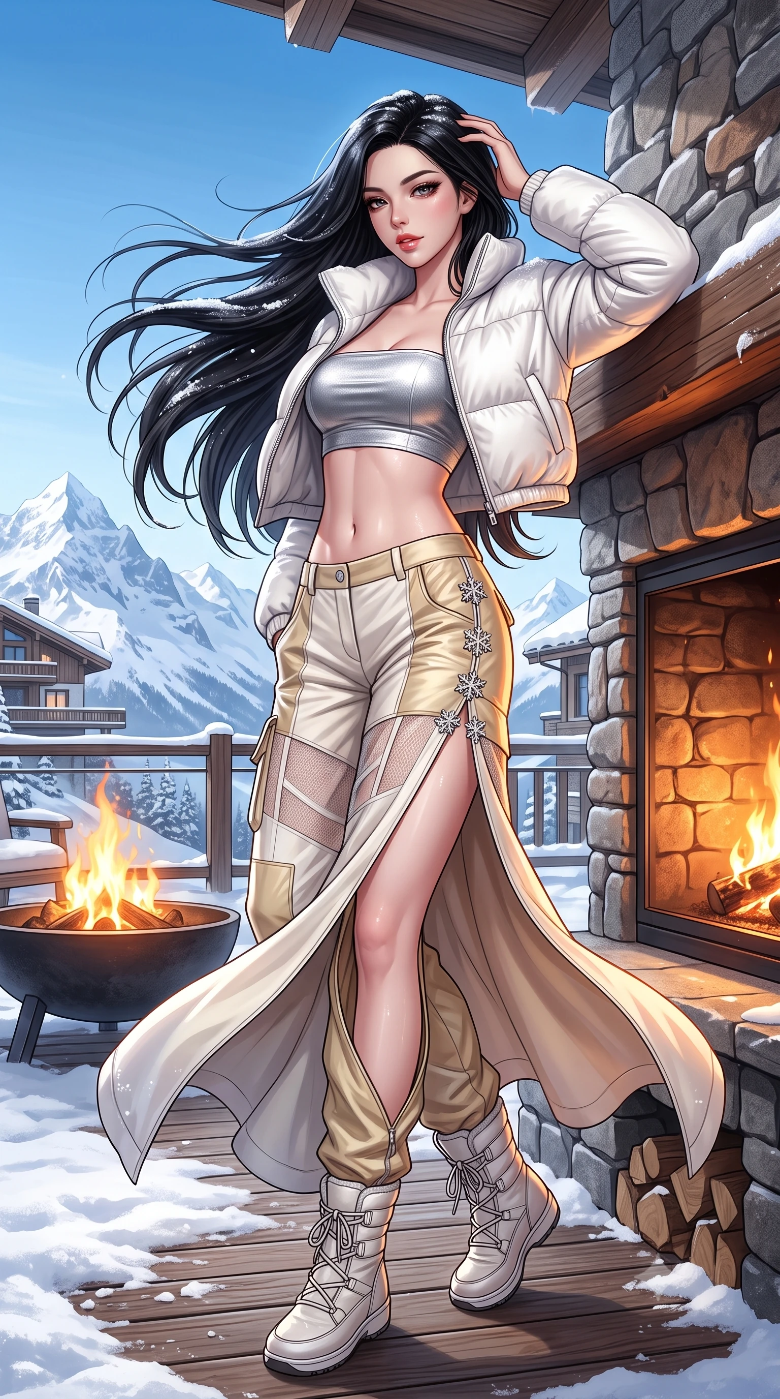 score_9, masterpiece, best quality, ultra-detailed, high-budget anime keyframe, semi-realistic 3D game render, editorial fashion photography, tasteful artistic composition, Korean woman. low angle full-body shot from head to toe showing her feet, filling the entire 9:16 vertical frame with her statuesque presence, stretching her vertical silhouette. executing an elegant mid-motion turn as garments swirl around her slender limbs, glancing over her shoulder with smoldering allure while leaning back against the heated stone fireplace mantel on the chalet deck, pushing snow-dusted hair back with a sultry smile. The surrounding environment is rendered in vivid detail and crisp panoramic clarity. breathtaking high-altitude winter chiaroscuro and luxury alpine resort architecture in sharp resolution. She has an absolutely perfect, statuesque 8.5-heads proportion, an exceptionally tall and slender model-like female figure with impossibly long slender legs, a toned flat midriff, and an ultra-slim waist. sharp v-shaped jawline, high-bridge nose, intricate jewel-like eyes with depth, thick eyelashes, glossy parted lips with a natural sheen, intensely captivating and seductive expression, flawlessly proportioned anatomical accuracy, strict slender model proportions, natural body alignment, perfectly sculpted long slender limbs, ultra-slim waistline, clean dynamic posture without body distortion. wearing a cropped white puffer jacket worn over a metallic silver tube top and low-slung insulated cargo pants in arctic champagne cream and soft gold, made of thermal technical mesh with sheer ventilation panels, accented with an ultra-high side slit secured by crystal snowflake clasps, the sweeping couture drape swaying majestically with her steps, accentuating her tall statuesque limbs and slender waistline. bathed in crisp alpine blue sky ambient fill and warm roaring fire pit uplights. highly saturated vibrant anime colors, detailed shading with soft gradients, rich glossy textures, high-contrast stereoscopic depth, volumetric dynamic lighting, master piece, 9:16 ratio