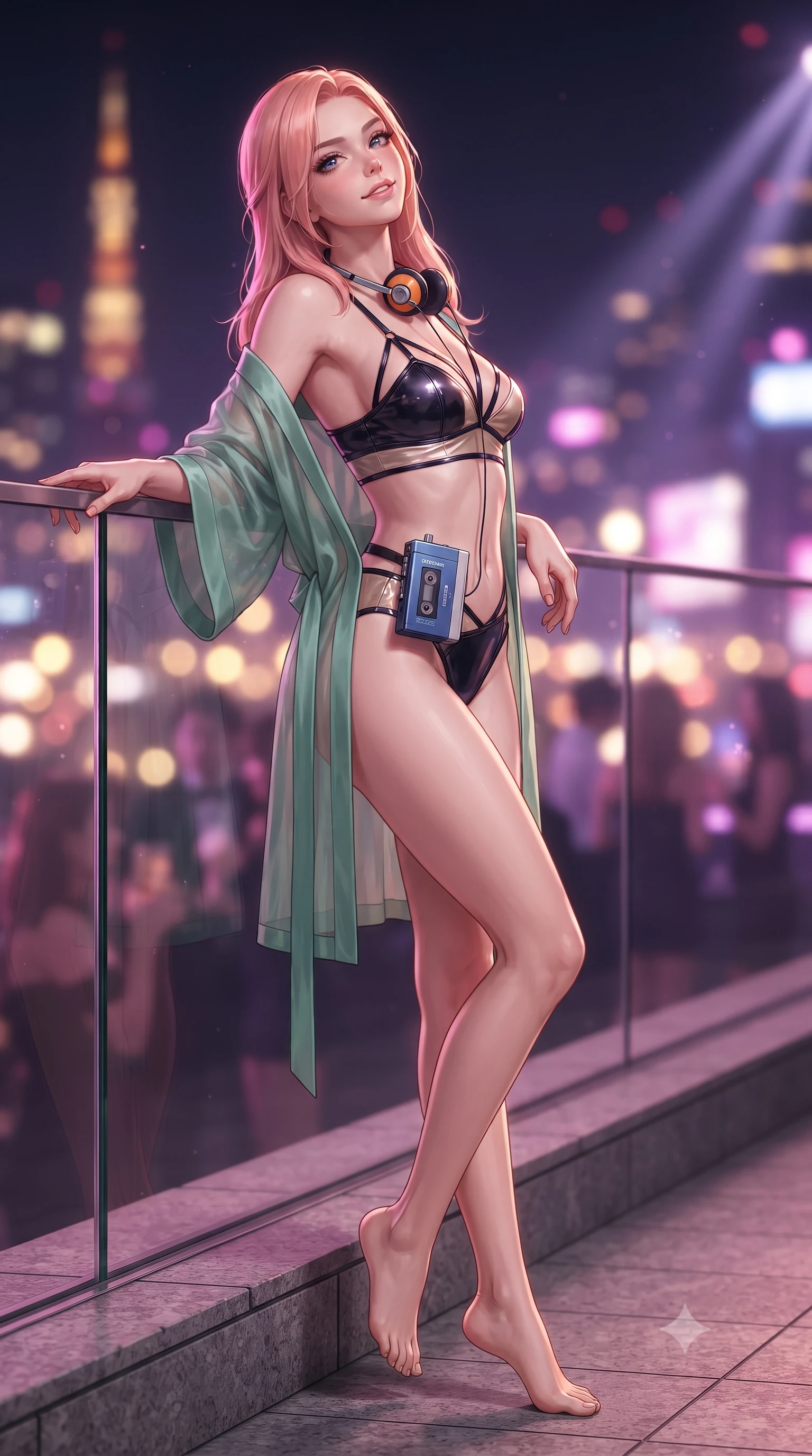 score_9, masterpiece, best quality, ultra-detailed, high-budget anime keyframe, editorial fashion photography, tasteful artistic composition, Japanese woman. low angle full-body shot from head to toe showing her feet, filling the entire 9:16 vertical frame with her statuesque presence, stretching her vertical silhouette. sitting poised on the stone steps with one knee bent, arching her spine with supermodel elegance as she glances upward through thick eyelashes while standing poised beside the balcony glass balustrade high above the Tokyo metropolis, arching her spine with sovereign VIP glamour. The background shows a soft-focus the glittering sea of Tokyo city lights, moving nightclub spotlights, and chic patrons blurred into magenta, gold, and violet bokeh. She has an absolutely perfect, statuesque 8.5-heads proportion, an exceptionally tall and slender model-like female figure with impossibly long slender legs, an ultra-slim waist, a flat toned midriff, narrow delicate ribcage, and beautifully sculpted feminine hips creating a graceful, slim hourglass silhouette without any bulky heaviness. sharp v-shaped jawline, high-bridge nose, sparkling eyes with hypnotic seductive depth, thick curled eyelashes, glossy parted lips with a natural dewy peach sheen, alluring bedroom-eyes with an enchanting coquettish smile, exuding magnetic siren charisma and sophisticated glamour, flawlessly proportioned anatomical accuracy, strict slender model proportions, natural body alignment, perfectly sculpted long slender limbs, ultra-slim waistline, clean dynamic posture without body distortion. wearing a delicate semi-sheer jade silk boudoir robe worn loose and slipping off bare shoulders over a matching strappy bralette in midnight obsidian black and shimmering liquid champagne gold, crafted from wet-look high-gloss vinyl fabric with dazzling specular surface reflections, complemented by a retro cassette walkman with vintage foam-padded orange headphones, the precision-cut side openings and low-back scoop framing her graceful spine and the sensual sweep of her slim, toned hips. illuminated by glowing bar surface bounce and sharp magenta-gold rim lights sculpting her jawline, flat midriff, and curvaceous hips. ultra-reflective glossy finish, specular highlights, rich textural contrasts, high-contrast stereoscopic depth, volumetric dynamic lighting, 2k, ultra detail, master piece, 9:16 ratio
