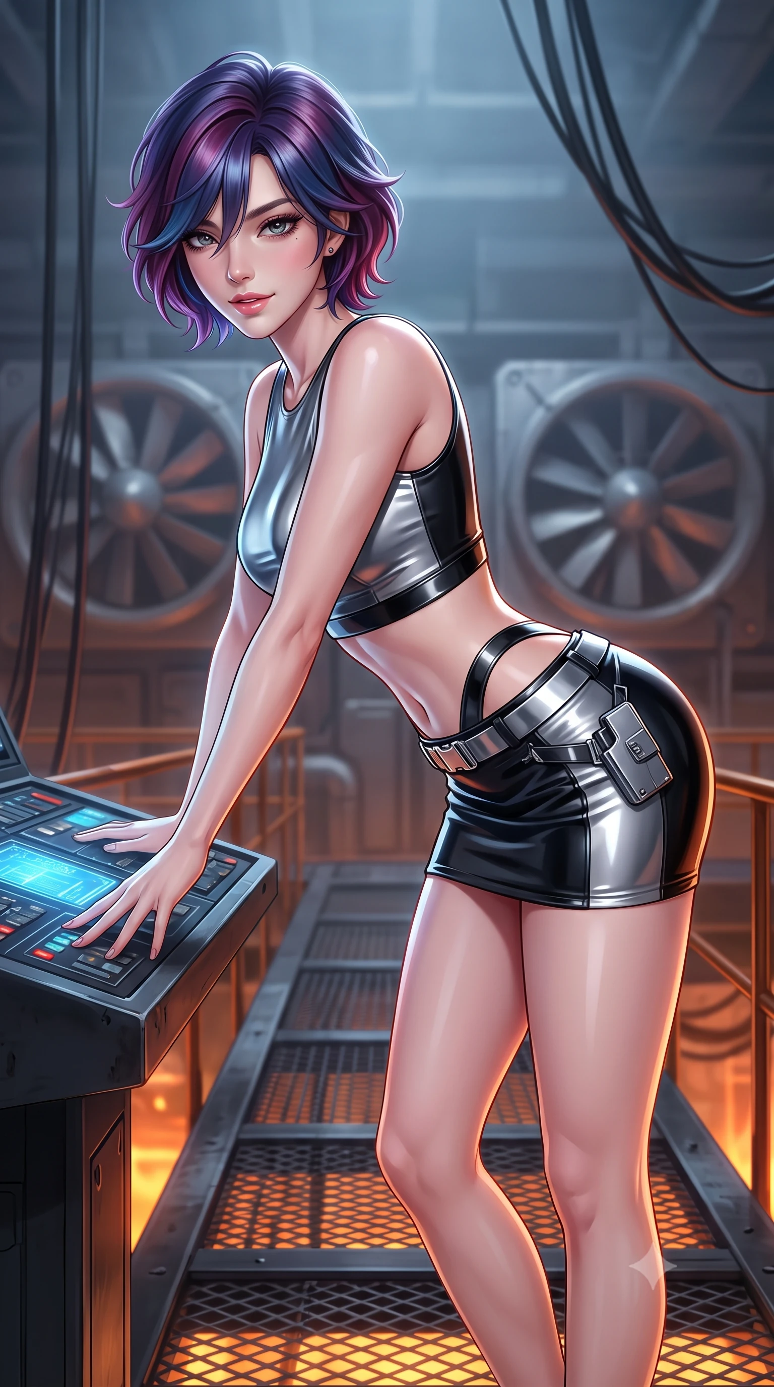 score_9, masterpiece, best quality, ultra-detailed, high-budget anime keyframe, semi-realistic 3D game render, editorial fashion photography, tasteful artistic composition, Korean woman. close-up cowboy shot from the waist and thighs up, the character dominates the composition, filling the frame with her large presence. leaning forward over the illuminated command console while arching her lower back to accentuate her curvy hips, looking into the camera with a confident smoldering smile and intense bedroom-eyes while standing poised on a heavy steel catwalk suspended above the glowing geothermal reactor, arching her back with fearless supermodel poise. The background shows a soft-focus massive industrial ventilation fans and hanging power cables softened in monumental terraforming facility shallow focus. She has an exceptionally elegant, slender, and willowy female figure with an ultra-slim waist, flat toned midriff, narrow ribcage, and sculpted feminine hips creating an alluring, slim hourglass silhouette without bulk. sharp v-shaped jawline, high-bridge nose, intricate jewel-like sparkling eyes with depth, thick eyelashes, glossy parted lips with a natural sheen, bright confident smile with an enchanting and coquettish sensual glint, exuding both youthful magnetic charm and sovereign high-tech allure, flawlessly proportioned anatomical accuracy, strict slender model proportions, natural body alignment, perfectly sculpted long slender limbs, ultra-slim waistline, clean dynamic posture without body distortion. wearing a body-hugging modern carbon-alloy crop top paired with a low-rise tactical skirt and a subtle waist cut-out in liquid chrome silver and pitch black, made of smooth liquid latex with high-contrast stereoscopic depth and wet shine, finished with polished chrome buckle hardware and modular magnetic holster clasps, the aerodynamic second-skin silhouette tightly following the natural contour of her hips and long slender legs with youthful 8.5-heads elegance. illuminated by floor warning lights and sharp copper rim lighting sculpting her razor-sharp jawline, narrow waist, and curvy hips. highly saturated vibrant anime colors, detailed shading with soft gradients, rich glossy textures, high-contrast stereoscopic depth, volumetric dynamic lighting, master piece, 9:16 ratio