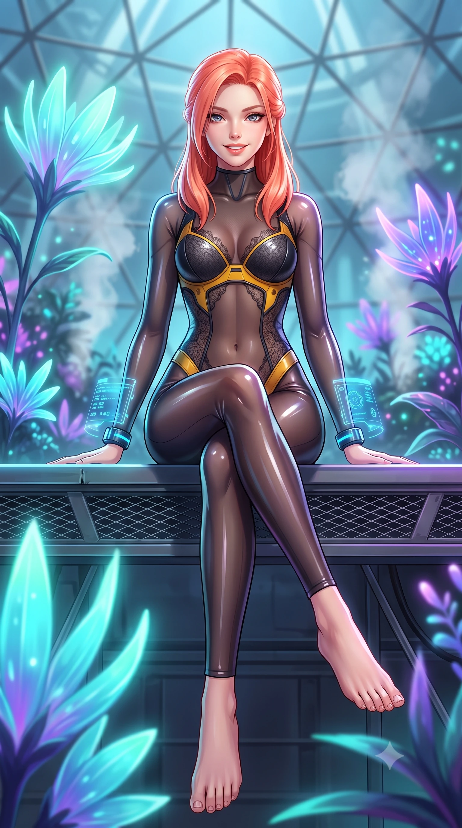 score_9, masterpiece, best quality, ultra-detailed, high-budget anime keyframe, semi-realistic 3D game render, editorial fashion photography, tasteful artistic composition, Japanese woman. low angle full-body shot from head to toe showing her feet, filling the entire 9:16 vertical frame with her statuesque presence, stretching her vertical silhouette. sitting perched on the elevated maintenance gantry edge with legs crossed and hips angled toward the camera, displaying her toned midriff and long slender limbs with joyful, coquettish charm while walking slowly down the glass catwalk surrounded by towering glowing neon flora, arching her back with an ethereal, sovereign expression. The background shows a soft-focus steaming nutrient aerosol vapors and soaring geodesic dome framework softened in sci-fi garden shallow focus. She has an absolutely perfect, statuesque 8.5-heads proportion, an exceptionally tall and slender model-like female figure with impossibly long slender legs, an ultra-slim waist, a flat toned midriff, narrow delicate ribcage, and beautifully sculpted feminine hips creating a graceful, slim hourglass silhouette without any bulky heaviness. sharp v-shaped jawline, high-bridge nose, intricate jewel-like sparkling eyes with depth, thick eyelashes, glossy parted lips with a natural sheen, bright confident smile with an enchanting and coquettish sensual glint, exuding both youthful magnetic charm and sovereign high-tech allure, flawlessly proportioned anatomical accuracy, strict slender model proportions, natural body alignment, perfectly sculpted long slender limbs, ultra-slim waistline, clean dynamic posture without body distortion. wearing a form-contouring semi-opaque dark mesh catsuit with carbon-plated cups and fine lace-pattern panels across her torso in industrial hazard yellow and matte carbon black, tailored from ultra-reflective glossy liquid vinyl with mirror-like specular highlights, featuring sleek glowing cyan HUD display wrist cuffs with floating data telemetry, the high-waisted tailoring accentuating her ultra-slim waistline and the enchanting curve of her feminine hips with alluring dark charm. bathed in cool ethereal aqua and ultraviolet bioluminescent light radiating from living plants. highly saturated vibrant anime colors, detailed shading with soft gradients, rich glossy textures, high-contrast stereoscopic depth, volumetric dynamic lighting, master piece, 9:16 ratio