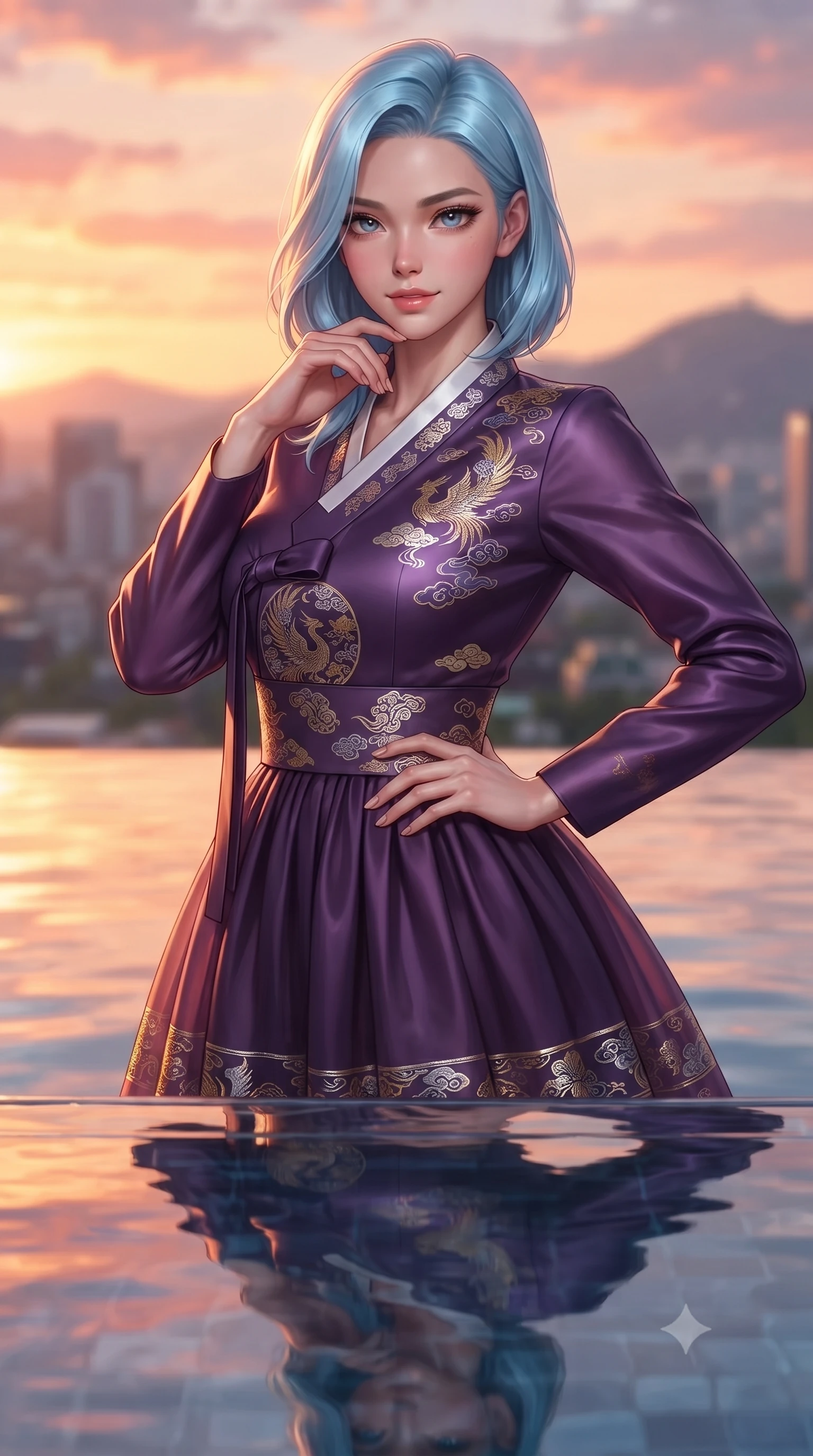 score_9, masterpiece, best quality, ultra-detailed, high-budget anime keyframe, editorial fashion photography, tasteful artistic composition, Korean woman. close-up cowboy shot from the waist and thighs up, the character dominates the composition, filling the frame with her large presence, background elements kept in soft focus. Smiling with quiet, magnetic self-assurance directly into the lens poised beside a infinity reflecting pool mirroring a warm sunset sky, still pool waters reflecting her slender silhouette and the open sky. She has an exceptionally elegant, slender, and willowy female figure with an ultra-slim waist, a gracefully sculpted slender torso, and a refined silhouette. sharp v-shaped jawline, high-bridge nose, intricate jewel-like eyes with depth, thick eyelashes, glossy lips with a natural sheen. wearing a modern fusion silk hanbok dress with a structured bodice and flowing chiffon skirt, the tailored fabric tightly following every curve of her athletic build. lit by brilliant warm key light softening into smooth, elegant gradients. ultra-reflective glossy finish, specular highlights, metallic sheen, high-contrast stereoscopic depth, volumetric dynamic lighting, 2k, ultra detail, master piece, 9:16 ratio