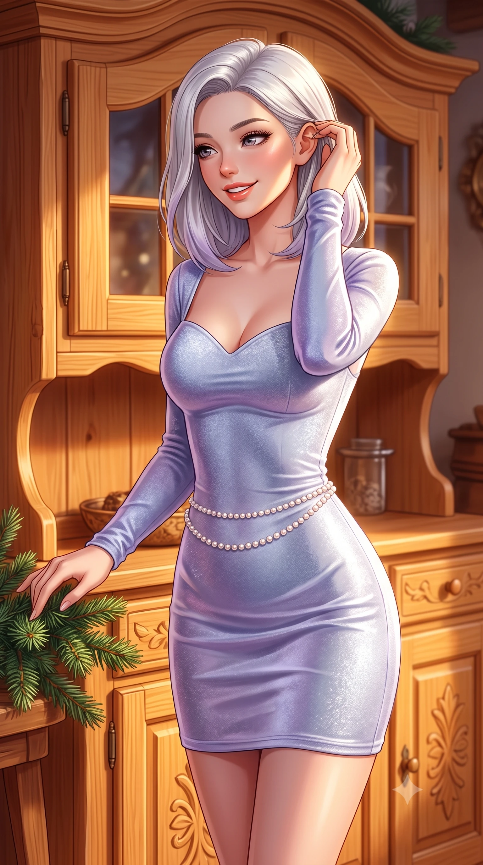 score_9, masterpiece, best quality, ultra-detailed, high-budget anime keyframe, semi-realistic 3D game render, editorial fashion photography, tasteful artistic composition, Caucasian woman. close-up cowboy shot from the waist and thighs up, the character dominates the composition, filling the frame with her large presence. gently brushing a lock of hair behind her ear while casting a playful, flirtatious side-gaze with long eyelashes while standing poised at the hand-carved Arvenholz pine dining credenza, arranging fragrant winter pine branches with graceful domestic poise. The surrounding environment is rendered in vivid detail and crisp panoramic clarity: detailed roll-neck cashmere sweater weave, tailored corduroy trouser ribs, and master alpine joinery in high resolution. She has an exceptionally elegant, slender, and willowy female figure with an ultra-slim waist, flat toned midriff, narrow ribcage, and sculpted feminine hips creating an alluring, slim hourglass silhouette without bulk. sharp v-shaped jawline, high-bridge nose, intricate jewel-like sparkling eyes with depth, thick eyelashes, glossy parted lips with a natural peach sheen, bright cheerful beaming smile with an enchanting and coquettish sensual glint, exuding both youthful cute charm and seductive allure, flawlessly proportioned anatomical accuracy, strict slender model proportions, natural body alignment, perfectly sculpted long slender limbs, ultra-slim waistline, clean dynamic posture without body distortion. wearing a sculpted sweetheart-neckline knit bodycon dress with long fitted sleeves and an ultra-snug bodice in frosted mountain lavender and shimmering ice silver, crafted from fluid liquid velvet offering rich tactile depth while adhering to her hourglass shape, accented with a dainty pearl waist chain catching the ambient sunlight across her sculpted waistline, the liquid-tight tailored fabric clinging flawlessly to her narrow waist and rounded feminine hips, emphasizing every millimeter of her sculpted slim hourglass curves without any bulky heaviness. illuminated by honey pine wall reflection bounce and warm buttery rim lights sculpting her features and slender hourglass curves. highly saturated vibrant anime colors, detailed shading with soft gradients, rich glossy textures, high-contrast stereoscopic depth, volumetric dynamic lighting, master piece, 9:16 ratio