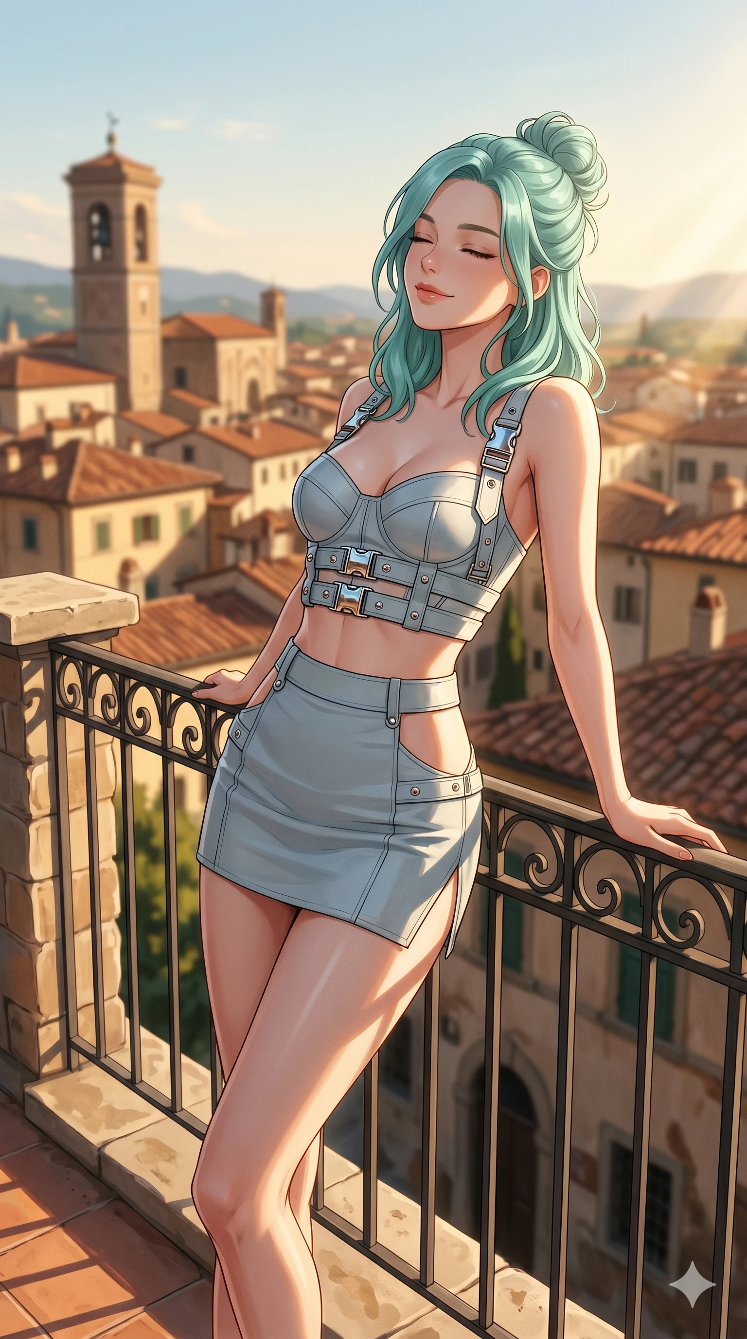 score_9, masterpiece, best quality, ultra-detailed, high-budget anime keyframe, editorial fashion photography, tasteful artistic composition, Japanese woman. cowboy shot from the thighs up, character and outfit filling the frame for maximum editorial presence. leaning back gracefully with a serene, relaxed smile, letting the warm sun wash over her face leaning against the railing of a sunlit private rooftop terrace overlooking a historic European town (Code-P150). She has an absolutely perfect 8-heads proportion, an exceptionally tall and slender female figure with impossibly long slender legs and an ultra-slim waist. V-shaped jawline, high-bridge nose, intricate jewel-like eyes with depth, thick eyelashes, glossy lips with a natural sheen. wearing a structured crop bustier with chrome hardware and a matching micro-length skirt with side cuts. bathed in warm afternoon sunbeams casting long, soft shadows and highlighting her slender waist. 2k, ultra detail, master piece, 9:16 ratio