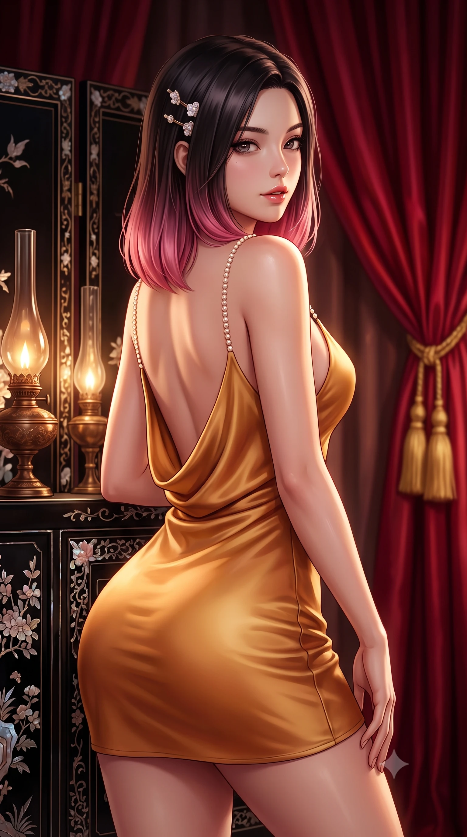 score_9, masterpiece, best quality, ultra-detailed, high-budget anime keyframe, semi-realistic 3D game render, editorial fashion photography, tasteful artistic composition, Korean woman. close-up cowboy shot from the waist and thighs up, the character dominates the composition, filling the frame with her large presence. posing in an alluring rear three-quarter angle, looking over a bare shoulder with parted glossy lips, her hips cocked back to highlight her slim hourglass curve while lounging against an opulent mother-of-pearl black lacquer screen, arching her lower back with magnetic femme fatale elegance. The background shows a soft-focus heavy crimson silk curtains and golden tassel ties softened in opulent royal boudoir shallow focus. She has an exceptionally elegant, slender, and willowy female figure with an ultra-slim waist, flat toned midriff, narrow ribcage, and sculpted feminine hips creating an alluring, slim hourglass silhouette without bulk. sharp v-shaped jawline, high-bridge nose, sparkling eyes with hypnotic seductive depth, thick curled eyelashes, glossy parted lips with a natural dewy peach sheen, alluring bedroom-eyes with an enchanting coquettish smile, exuding magnetic siren charisma and sophisticated glamour, flawlessly proportioned anatomical accuracy, strict slender model proportions, natural body alignment, perfectly sculpted long slender limbs, ultra-slim waistline, clean dynamic posture without body distortion. wearing a low-cut draped cowl-back satin slip mini dress with dainty pearl spaghetti straps in warm amber honey and antique gold leaf, crafted from fluid liquid silk satin that clings smoothly to every curve with a dewy sheen, finished with delicate mother-of-pearl hairpin ornaments glinting in her dark glossy hair, the form-contouring silhouette accentuating her sculpted flat midriff, narrow delicate ribcage, and gracefully curvy hips with intoxicating allure. bathed in soft moody amber chiaroscuro lighting spilling from ornate bronze oil lamps. highly saturated vibrant anime colors, detailed shading with soft gradients, rich glossy textures, high-contrast stereoscopic depth, volumetric dynamic lighting, master piece, 9:16 ratio