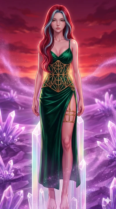 score_9, masterpiece, best quality, ultra-detailed, high-budget anime keyframe, Caucasian woman, strictly human ears. upper body close-up from the thighs up, character filling the screen for maximum presence. standing atop a transparent salt crystal 
