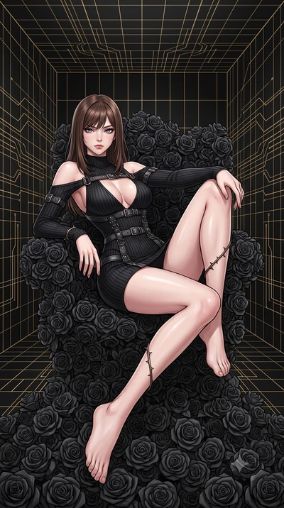 score_9, masterpiece, best quality, ultra-detailed, High-budget Anime Keyframe, East Asian woman. Dynamic full-body shot stretching the vertical silhouette to the limit. Scenario 322: resting on a throne of black roses, thorns grazing her skin, in a 