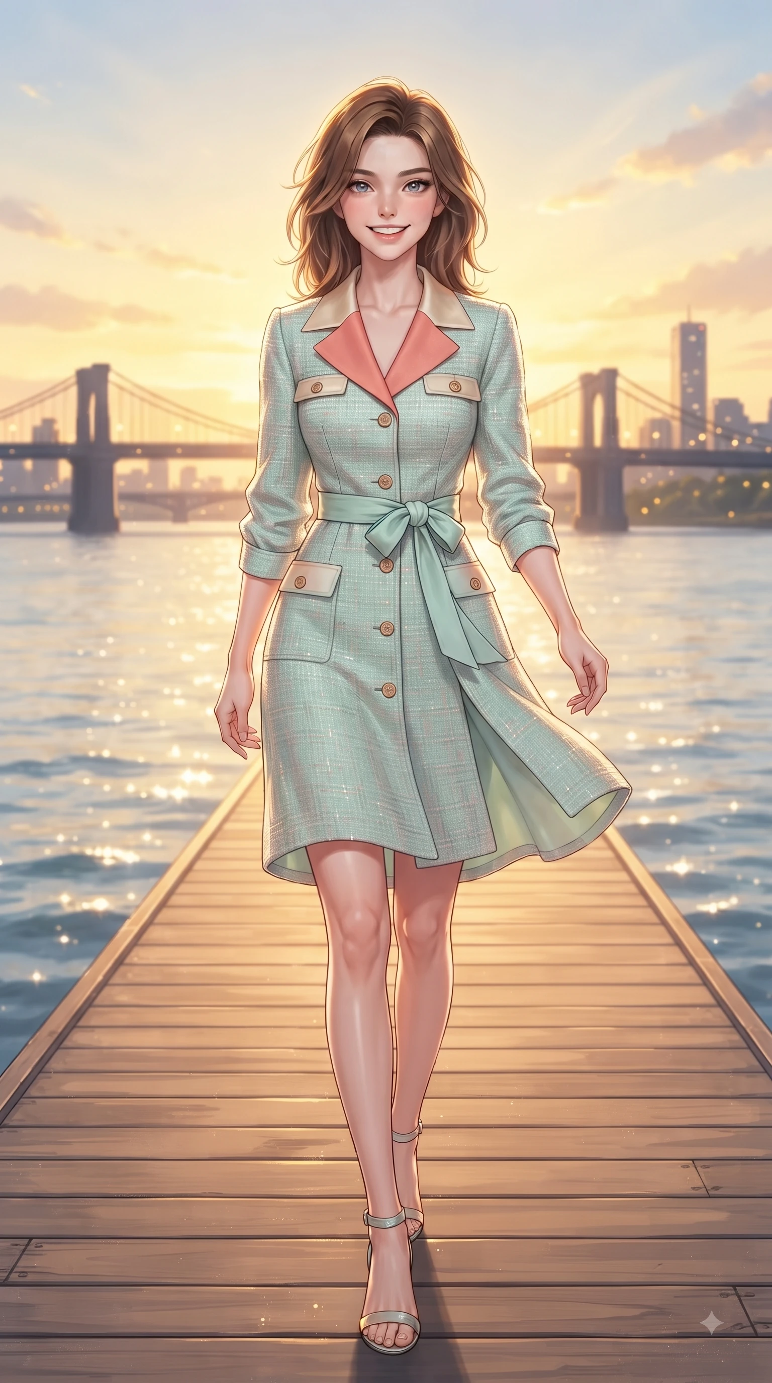 score_9, masterpiece, best quality, ultra-detailed, high-budget anime keyframe, editorial fashion photography, tasteful artistic composition, Korean woman. low angle full-body shot from head to toe showing her feet, filling the entire 9:16 vertical frame with her statuesque presence, stretching her vertical silhouette. walking forward in a proud dynamic stride with a cheerful beaming smile, her vertical silhouette filling the frame while pivoting in a happy stride along a sunlit wooden pier overlooking calm river waters. The surrounding environment is rendered in vivid detail and crisp panoramic clarity. sparkling river waters, iconic city bridge silhouettes, and vibrant golden sunset sky clouds in crisp detail. She has an absolutely perfect, statuesque 8.5-heads proportion, an exceptionally tall and slender model-like female figure with impossibly long slender legs and an ultra-slim waist. sharp v-shaped jawline, high-bridge nose, intricate jewel-like eyes with depth, thick eyelashes, glossy lips with a natural sheen, flawlessly proportioned anatomical accuracy, natural body alignment, perfectly sculpted elegant limbs, clean dynamic posture without body distortion. wearing a stylish pastel mint trench dress with a tied belt waist and folded collar in warm coral pink and champagne ivory, tailored from soft pastel tweed with subtle metallic thread, finished with neat front wooden buttons and pocket details, the breezy lightweight fabric fluttering softly against her delicate frame. surrounded by a serene, uplifting, and romantic park ambiance. ultra-reflective glossy finish, specular highlights, metallic sheen, high-contrast stereoscopic depth, volumetric dynamic lighting, 2k, ultra detail, master piece, 9:16 ratio