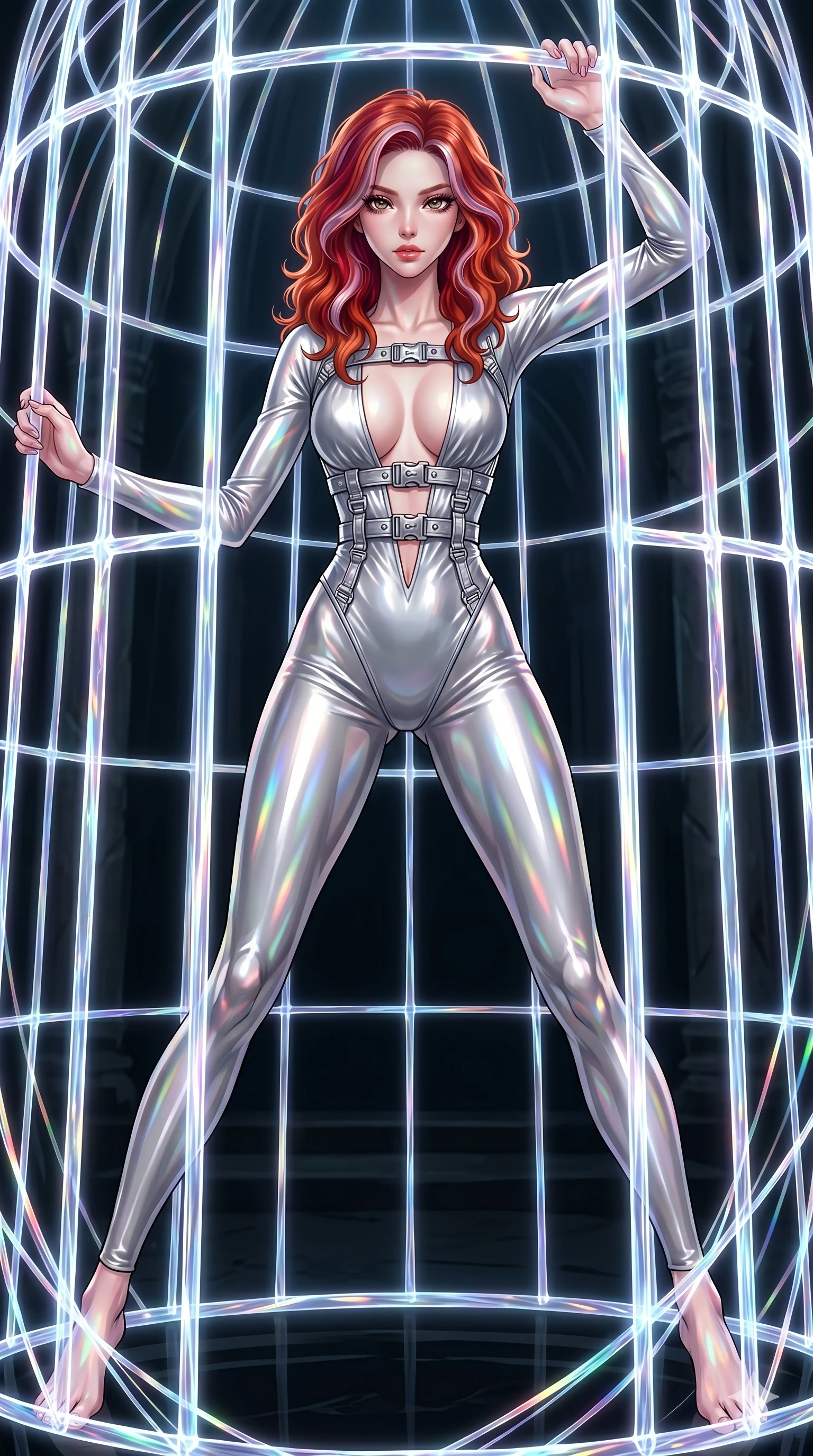 score_9, masterpiece, best quality, ultra-detailed, High-budget Anime Keyframe, East Asian woman. Dynamic full-body shot stretching the vertical silhouette to the limit. Scenario 232: Trapped in a cage of glowing crystalline fibers, body pressing against the bars. Her presence is magnetic and overpowering in this high-budget anime scene. Outfit 232: A molten liquid silk second with a plunging V-neckline and metallic buckles. The clothing is designed to emphasize her exceptionally tall and slender 8-heads proportion. 8-heads proportion, towering silhouette, ultra-slim waist. sharp v-shaped jawline, intricate jewel-like eyes with depth, thick eyelashes, glossy lips. 2k, ultra detail, master piece, 9:16 ratio