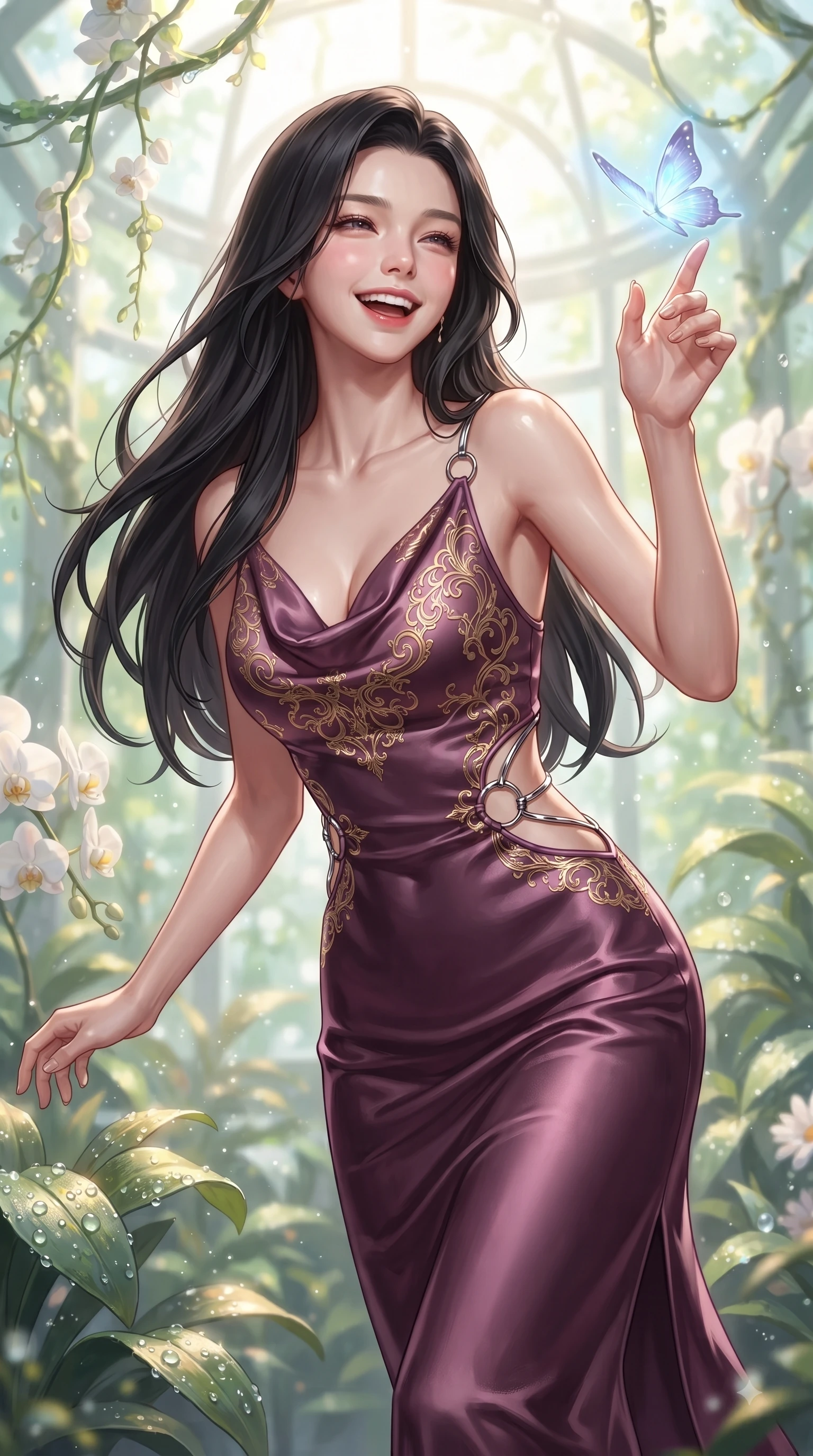 score_9, masterpiece, best quality, ultra-detailed, high-budget anime keyframe, editorial fashion photography, tasteful artistic composition, Korean woman. close-up cowboy shot from the waist and thighs up, the character dominates the composition, filling the frame with her large presence, background elements kept in soft focus. Joyful laughing expression filled with genuine happiness and warmth, leaning forward with cheerful energy while reaching one hand out with a joyful smile to intercept a hovering hologram butterfly, dewdrops on lush green vines and white orchids reflecting radiant gold and emerald. She has an exceptionally elegant, slender, and willowy female figure with an ultra-slim waist, a gracefully sculpted slender torso, and a refined silhouette. sharp v-shaped jawline, high-bridge nose, intricate jewel-like eyes with depth, thick eyelashes, glossy lips with a natural sheen, flawlessly proportioned anatomical accuracy, natural body alignment, perfectly sculpted elegant limbs, clean dynamic posture without body distortion. wearing an elegant cowl-neck satin midi dress with a graceful draped neckline in plum purple and gold filigree, made of premium stretch velvet with a rich sheen, accented with delicate chrome ring hardware framing her waist, the glove-like fit emphasizing her statuesque silhouette during motion. surrounded by a bright, airy greenhouse ambiance with radiant white and green highlights. ultra-reflective glossy finish, specular highlights, metallic sheen, high-contrast stereoscopic depth, volumetric dynamic lighting, 2k, ultra detail, master piece, 9:16 ratio