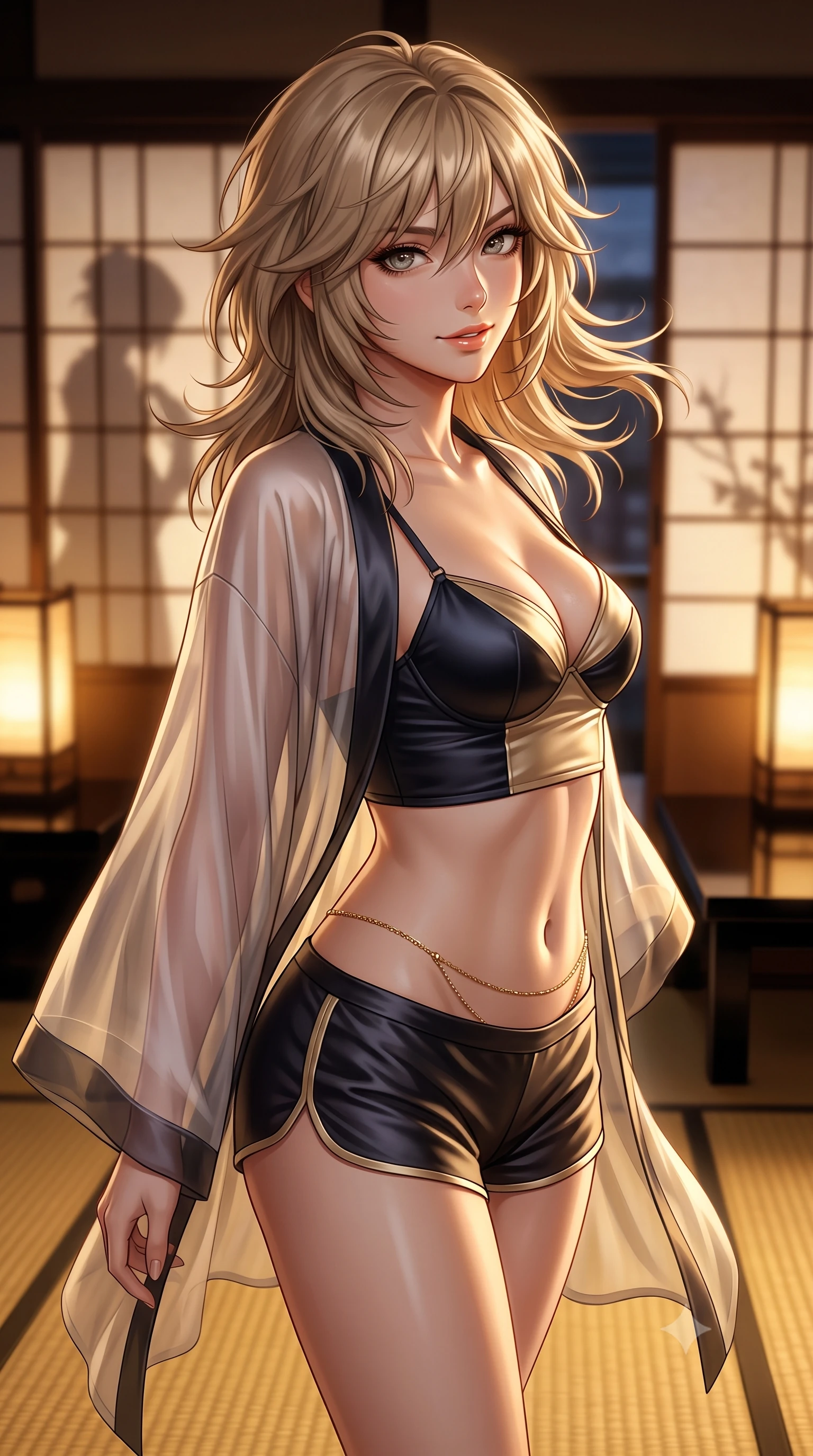 score_9, masterpiece, best quality, ultra-detailed, high-budget anime keyframe, semi-realistic 3D game render, editorial fashion photography, tasteful artistic composition, Japanese woman. close-up cowboy shot from the waist and thighs up, the character dominates the composition, filling the frame with her large presence. turning slowly with an enchanting smoldering smile, her glossy hair tossing in the breeze as her hips angle gracefully in a captivating contrapposto while twisting her slender torso in an alluring S-curve on the golden tatami mats, paper lantern light casting seductive silhouette shadows on paper screens. The background shows a soft-focus translucent washi paper shoji screens softened in Kyoto nocturnal Zen romance shallow focus. She has an exceptionally elegant, slender, and willowy female figure with an ultra-slim waist, flat toned midriff, narrow ribcage, and sculpted feminine hips creating an alluring, slim hourglass silhouette without bulk. sharp v-shaped jawline, high-bridge nose, intricate jewel-like sparkling eyes with depth, thick eyelashes, glossy parted lips with a natural peach sheen, bright cheerful beaming smile with an enchanting and coquettish sensual glint, exuding both youthful cute charm and seductive allure, flawlessly proportioned anatomical accuracy, strict slender model proportions, natural body alignment, perfectly sculpted long slender limbs, ultra-slim waistline, clean dynamic posture without body distortion. wearing a translucent gossamer silk robe with wide kimono sleeves worn open over a strappy satin demi-bustier and micro-shorts in deep midnight obsidian black and liquid champagne gold, woven from buttery-soft stretch lambskin leather adhering to her body like a second skin, accented with a dainty gold belly chain resting across her flat midriff and curving hips, the glove-like clinging cut tightly following the natural contour of her hips and long slender legs with youthful 8.5-heads elegance. illuminated by black lacquer reflection fill and sharp champagne-gold rim lights defining her dewy collarbones, ultra-slim waist, and curvy hips. highly saturated vibrant anime colors, detailed shading with soft gradients, rich glossy textures, high-contrast stereoscopic depth, volumetric dynamic lighting, master piece, 9:16 ratio
