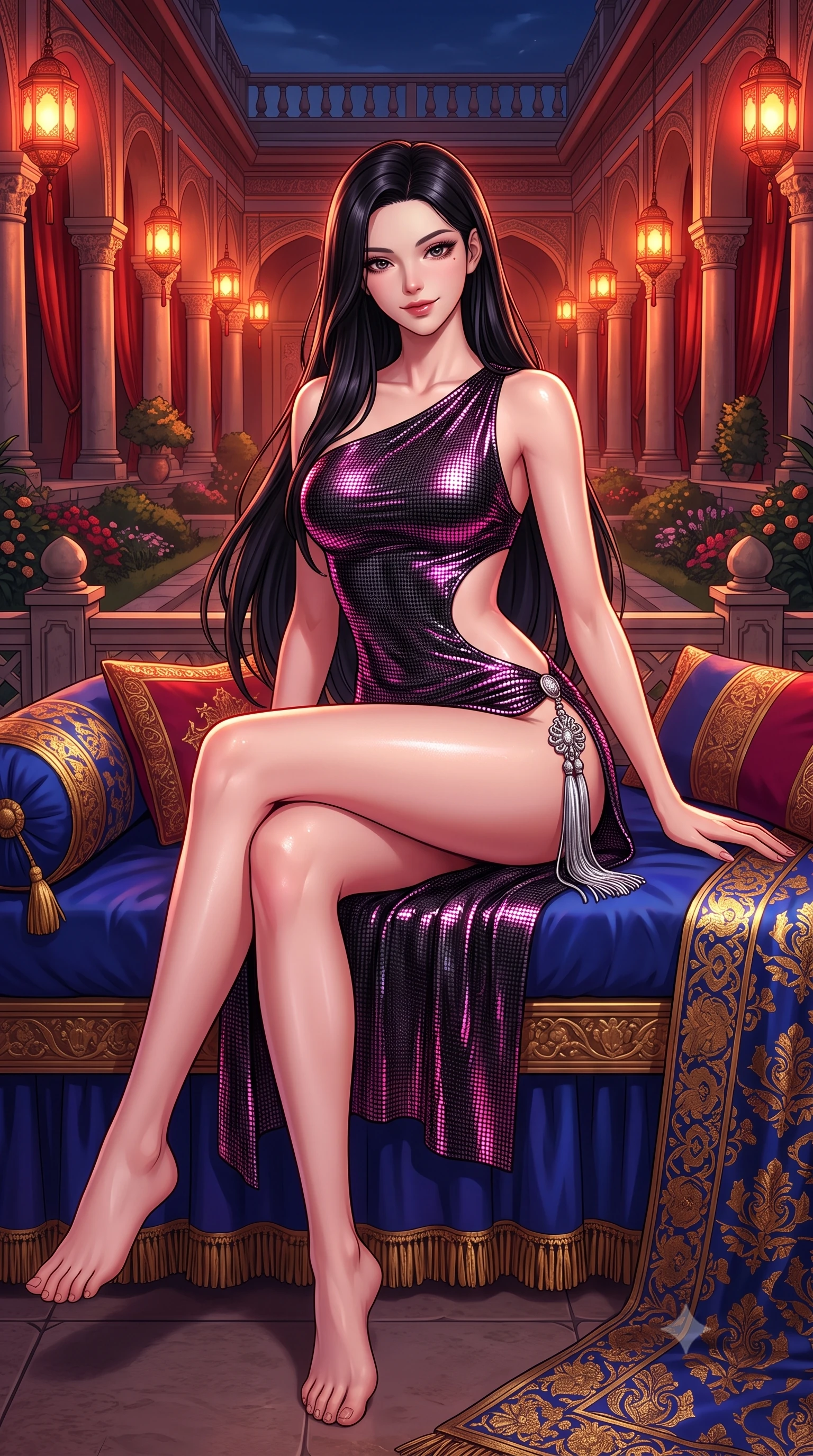 score_9, masterpiece, best quality, ultra-detailed, high-budget anime keyframe, semi-realistic 3D game render, editorial fashion photography, tasteful artistic composition, Korean woman. low angle full-body shot from head to toe showing her feet, filling the entire 9:16 vertical frame with her statuesque presence, stretching her vertical silhouette. lounging on the lavish daybed with legs crossed and hips angled toward the camera, displaying her toned midriff and long slender limbs with effortless siren poise while lounging across a low royal daybed placed on the terrace, her flat midriff and long slender limbs commanding the festive courtyard. The surrounding environment is rendered in vivid detail and crisp panoramic clarity: detailed gold-leaf stamped silk fabric, dewy skin highlights, and royal palace colonnade architecture in high resolution. She has an absolutely perfect, statuesque 8.5-heads proportion, an exceptionally tall and slender model-like female figure with impossibly long slender legs, an ultra-slim waist, a flat toned midriff, narrow delicate ribcage, and beautifully sculpted feminine hips creating a graceful, slim hourglass silhouette without any bulky heaviness. sharp v-shaped jawline, high-bridge nose, sparkling eyes with hypnotic seductive depth, thick curled eyelashes, glossy parted lips with a natural dewy peach sheen, alluring bedroom-eyes with an enchanting coquettish smile, exuding magnetic siren charisma and sophisticated glamour, flawlessly proportioned anatomical accuracy, strict slender model proportions, natural body alignment, perfectly sculpted long slender limbs, ultra-slim waistline, clean dynamic posture without body distortion. wearing an asymmetric one-shoulder metallic disco mini dress with a dramatic side cutout hugging her waist and hips in wet-look onyx black with electric fuchsia reflections, crafted from shimmering fluid chainmail mesh reflecting ambient neon lights, accented with an intricate silver norigae tassel swaying gracefully along her curving hip line, the form-contouring silhouette accentuating her sculpted flat midriff, narrow delicate ribcage, and gracefully curvy hips with intoxicating allure. bathed in the warm crimson-and-amber glow of ceremonial palace lanterns. highly saturated vibrant anime colors, detailed shading with soft gradients, rich glossy textures, high-contrast stereoscopic depth, volumetric dynamic lighting, master piece, 9:16 ratio