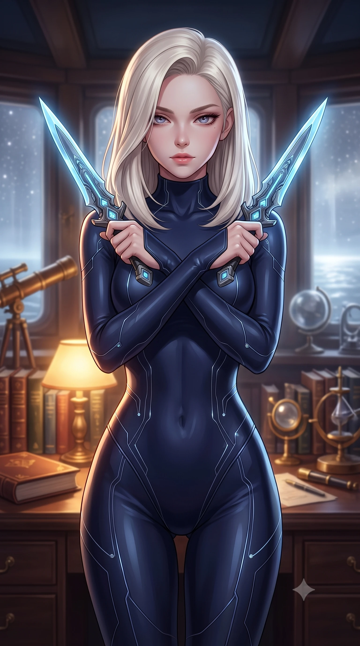 score_9, masterpiece, best quality, ultra-detailed, high-budget anime keyframe, editorial fashion photography, tasteful artistic composition, Caucasian woman. close-up cowboy shot from the waist and thighs up, the character dominates the composition, filling the frame with her large presence, background elements kept in soft focus. holding two energy daggers crossed in front of her elegant collarbone, casting a heavy-lidded, sultry look, the background shows a soft-focus a private captain's library room aboard a research ship with brass telescopes. She has an exceptionally elegant, slender, and willowy female figure with an ultra-slim waist, a gracefully sculpted slender torso, and a refined silhouette. sharp v-shaped jawline, high-bridge nose, intricate jewel-like eyes with depth, thick eyelashes, glossy lips with a natural sheen. wearing a form-contouring body-hugging deep navy nano-texturing catsuit decorated with thin, glowing cybernetic circuitry lines. warm golden glow of reading lamps contrasting with cool silver starlight outside. highly saturated vibrant anime colors, detailed shading with soft gradients, rich glossy textures, high-contrast stereoscopic depth, volumetric dynamic lighting, master piece, 9:16 ratio