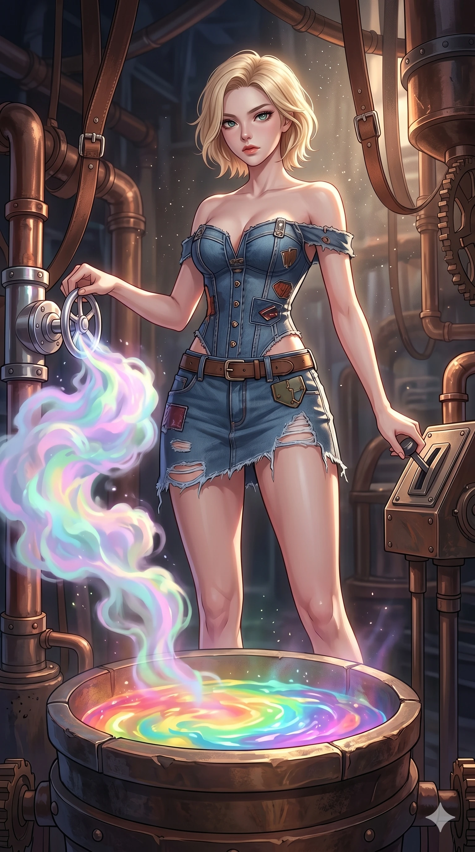 score_9, masterpiece, best quality, ultra-detailed, high-budget anime keyframe, Korean woman. low angle full-body shot filling the entire 9:16 frame with her statuesque presence, stretching the vertical silhouette. operating a steampunk aurora foundry surrounded by massive copper pipes and leather belts, where pastel aurora gas billows from valves and liquid rainbow energy boils in a crucible. She has an absolutely perfect 8-heads proportion, an exceptionally tall and slender female figure with impossibly long slender legs and an ultra-slim waist. V-shaped jawline, high-bridge nose, intricate jewel-like eyes with depth, thick eyelashes, glossy lips with a natural sheen.. wearing a deconstructed denim corset and an asymmetric ripped denim micro-skirt, showcasing a rugged yet chic off-shoulder style. illuminated by dramatic chiaroscuro casting soft shadows along her curves, with vibrant backlighting highlighting the dust particles. 2k, ultra detail, master piece, 9:16 ratio