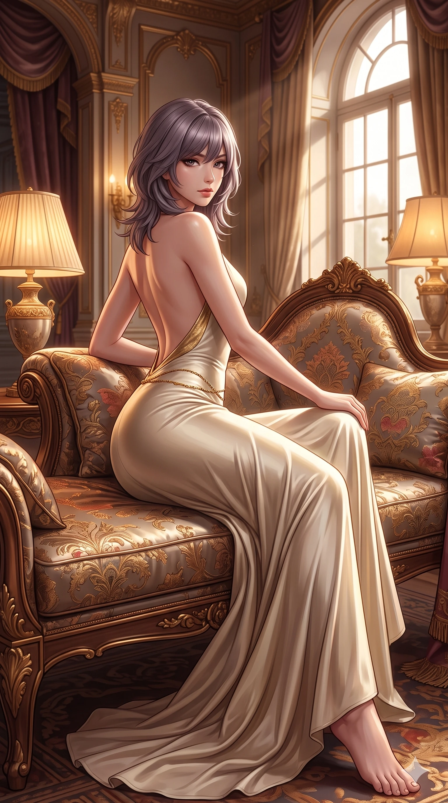 score_9, masterpiece, best quality, ultra-detailed, high-budget anime keyframe, semi-realistic 3D game render, editorial fashion photography, tasteful artistic composition, Japanese woman. low angle full-body shot from head to toe showing her feet, filling the entire 9:16 vertical frame with her statuesque presence, stretching her vertical silhouette. reclining on her side in an elegant Cleopatra pose with one knee drawn up, the dramatic contour of her rounded hips and long slender legs commanding the 9:16 vertical frame while twisting her slender torso in an alluring contrapposto stance beside the settee, antique silk embroidery reflections tracing her narrow waist and curvy hips. The surrounding environment is rendered in vivid detail and crisp panoramic clarity: detailed mermaid gown tailoring, open-waist architecture, and aristocratic interior furnishings in razor-sharp precision. She has an exceptionally tall and slender model-like 8.5-heads proportion, an ultra-slim waist, a flat toned midriff, narrow delicate ribcage, and beautifully sculpted feminine hips creating a graceful, slim hourglass silhouette without any bulky heaviness, with impossibly long slender legs. sharp v-shaped jawline, high-bridge nose, intricate jewel-like sparkling eyes with depth, thick eyelashes, glossy parted lips with a natural sheen, intensely captivating and seductive bedroom-eyes expression, exuding both youthful cute charm and sovereign luxury allure, flawlessly proportioned anatomical accuracy, strict slender model proportions, natural body alignment, perfectly sculpted long slender limbs, ultra-slim waistline, clean dynamic posture without body distortion. wearing a liquid-silk jersey evening gown with an ultra-deep plunging open back descending to the base of her spine and a sculpted hip-hugging skirt in Istrian stone cream and antique gold-leaf, tailored from smooth liquid silk satin that clings smoothly to her narrow waist and rounded hips with a dewy sheen, accented with a dainty gold belly chain resting across her flat midriff and curving hips, the glove-like clinging cut tightly following the natural contour of her hips and long slender legs with youthful 8.5-heads elegance. bathed in the soft, intimate warm 2700K ambient light of silk-shaded table lamps mixed with angled window sunbeams. highly saturated vibrant anime colors, detailed shading with soft gradients, rich glossy textures, high-contrast stereoscopic depth, volumetric dynamic lighting, master piece, 9:16 ratio