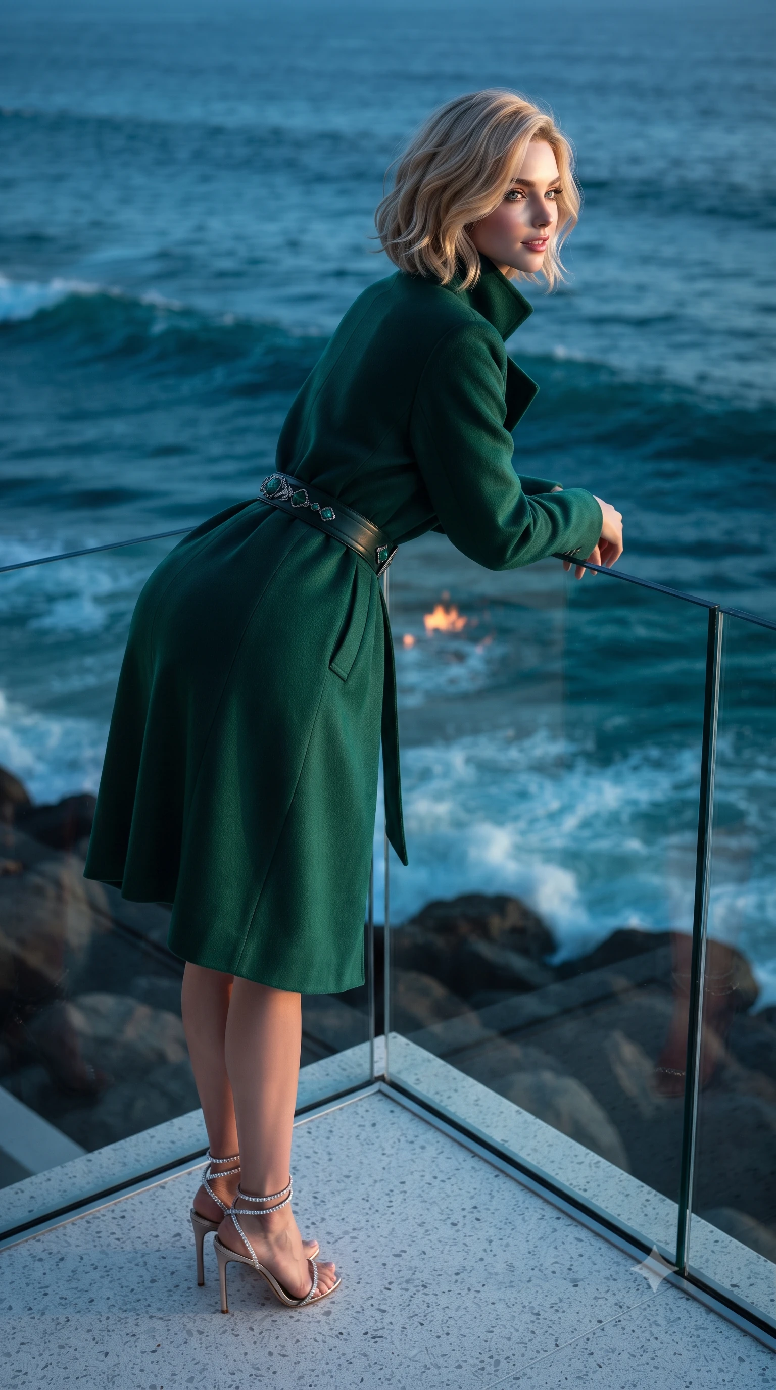 score_9, masterpiece, best quality, ultra-detailed, high-budget anime keyframe, editorial fashion photography, tasteful artistic composition, Caucasian woman. close-up cowboy shot from the waist and thighs up, the character dominates the composition, filling the frame with her large presence. leaning forward while arching her lower back to accentuate her curvy hips, looking into the camera with an intoxicating smoldering gaze and bedroom-eyes while leaning against the frameless structural glass balustrade with hips cocked back, looking out over rolling turquoise Atlantic swells with smoldering bedroom-eyes. The surrounding environment is rendered in vivid detail and crisp panoramic clarity: sharp frameless glass corner joints, brilliant white terrazzo deck aggregate, and dark granite sea boulder textures in deep focus. She has an exceptionally elegant, slender, and willowy female figure with an ultra-slim waist, flat toned midriff, narrow ribcage, and sculpted feminine hips creating an alluring, slim hourglass silhouette without bulk. sharp v-shaped jawline, high-bridge nose, intricate jewel-like sparkling eyes with depth, thick eyelashes, glossy parted lips with a natural peach sheen, bright cheerful beaming smile with an enchanting and coquettish sensual glint, exuding both youthful cute charm and seductive allure, flawlessly proportioned anatomical accuracy, strict slender model proportions, natural body alignment, perfectly sculpted long slender limbs, ultra-slim waistline, clean dynamic posture without body distortion. wearing an elegant high-collar Tuscan cashmere wrap coat dress cinched with an artisanal leather buckle belt in Art Nouveau malachite green and antique starlight silver, crafted from bespoke double-faced cashmere with an exceptionally soft tactile finish, complemented by strappy stiletto sandals with crystal ankle wraps accentuating her slender calves, the bespoke structured tailoring following the natural line of her 8.5-heads silhouette with refined elegance. bathed in the dramatic contrast of warm 2200K outdoor fire pit flames and brilliant cool Atlantic starlight and twilight. ultra-reflective glossy finish, specular highlights, rich textural contrasts, high-contrast stereoscopic depth, volumetric dynamic lighting, 2k, ultra detail, master piece, 9:16 ratio