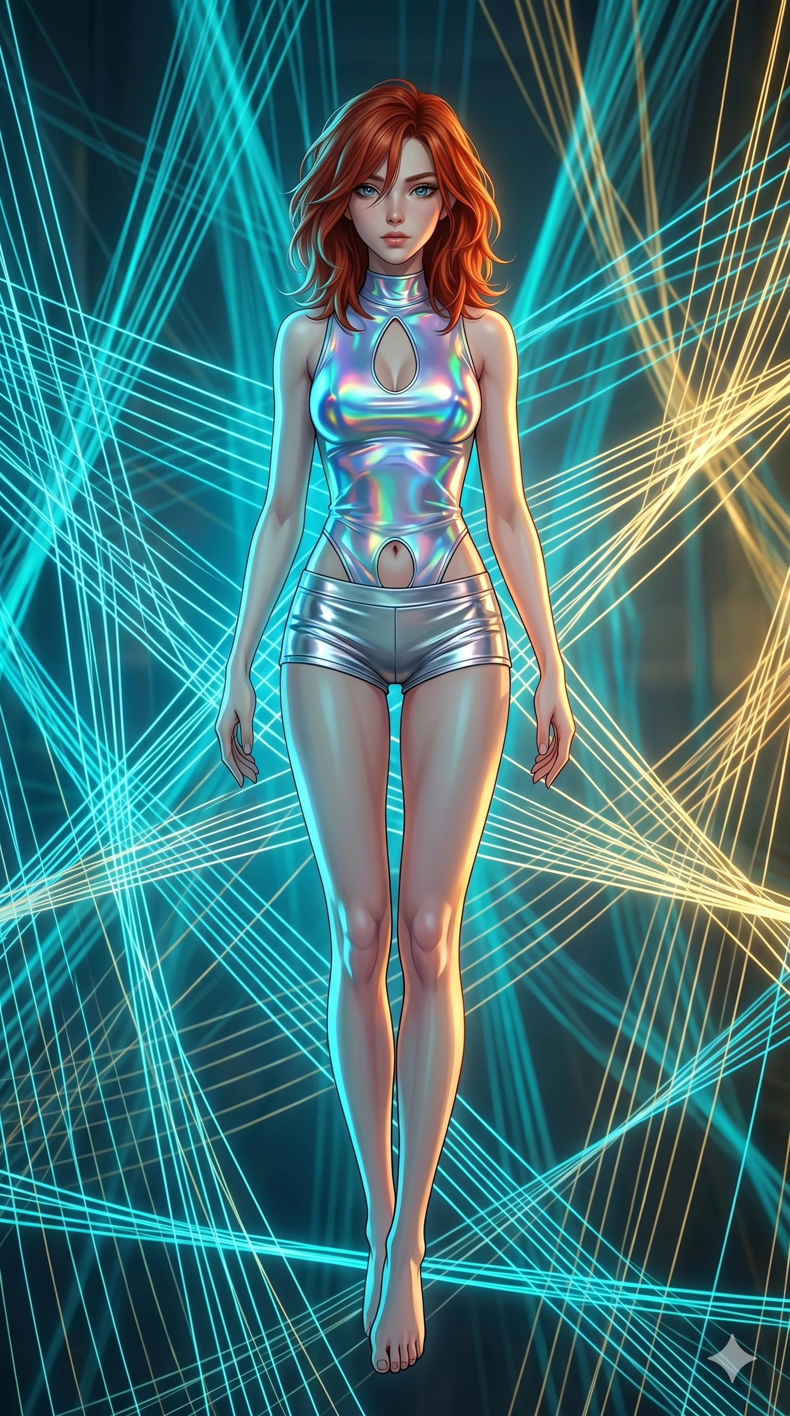 score_9, masterpiece, best quality, ultra-detailed, high-budget anime keyframe, Caucasian woman, strictly human ears. low angle full-body shot filling the entire 9:16 frame with her statuesque presence, stretching the vertical silhouette. floating suspended in an ethereal loom room where millions of luminescent cyan and gold threads intersect and weave geometric patterns. She has an absolutely perfect 8-heads proportion, an exceptionally tall and slender female figure with impossibly long slender legs and an ultra-slim waist. V-shaped jawline, high-bridge nose, intricate jewel-like eyes with depth, thick eyelashes, glossy lips with a natural sheen.. wearing a holographic liquid silk vest and silver metallic micro-shorts, featuring a keyhole cutout and form-fitting silhouette. accented by dynamic color-blocked lighting with high-contrast shadows emphasizing her statuesque height. 2k, ultra detail, master piece, 9:16 ratio