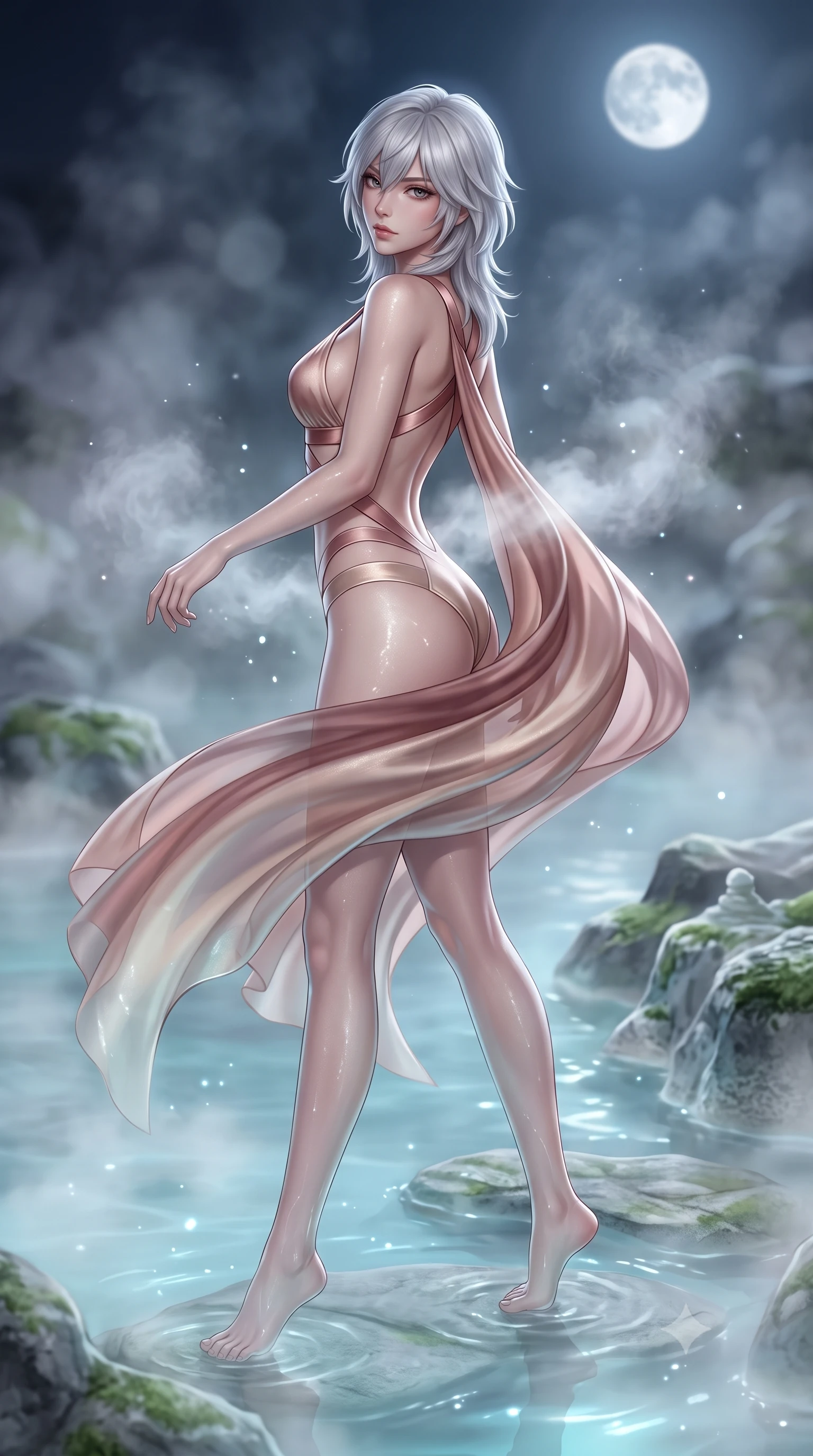 score_9, masterpiece, best quality, ultra-detailed, high-budget anime keyframe, semi-realistic 3D game render, editorial fashion photography, tasteful artistic composition, Japanese woman. low angle full-body shot from head to toe showing her feet, filling the entire 9:16 vertical frame with her statuesque presence, stretching her vertical silhouette. executing an elegant mid-motion pivot turn as garments swirl around her slender limbs, glancing over her shoulder with an intoxicating bedroom-gaze while wading through the milky-blue thermal mineral water beneath the full moon, arching her spine in pure pleasure as steam curls around her waist. The composition keeps background elements in soft focus with creamy bokeh. shimmering silica water caustics and drifting steam particles scattering ethereal glowing light motes. She has an exceptionally tall and slender model-like 8.5-heads proportion, an ultra-slim waist, a flat toned midriff, narrow delicate ribcage, and beautifully sculpted feminine hips creating a graceful, slim hourglass silhouette without any bulky heaviness, with impossibly long slender legs. sharp v-shaped jawline, high-bridge nose, intricate jewel-like eyes with depth, thick eyelashes, glossy parted lips with a natural sheen, intensely captivating and seductive bedroom-eyes expression, flawlessly proportioned anatomical accuracy, strict slender model proportions, natural body alignment, perfectly sculpted long slender limbs, ultra-slim waistline, clean dynamic posture without body distortion. wearing a desert queen monokini with crossed chest straps and high-cut hip bands, worn under a sweeping organza cape in dusky blush rose and champagne shimmer, tailored from ultra-smooth duchess satin with a pearlescent sheen, finished with criss-cross back satin straps highlighting her graceful shoulder blades, the glove-like aerodynamic silhouette tightly following the natural contour of her hips and long slender legs with statuesque 8.5-heads elegance. bathed in soft underwater milky-cyan LED lagoon illumination and cool silver full-moon light from above. highly saturated vibrant anime colors, detailed shading with soft gradients, rich glossy textures, high-contrast stereoscopic depth, volumetric dynamic lighting, master piece, 9:16 ratio