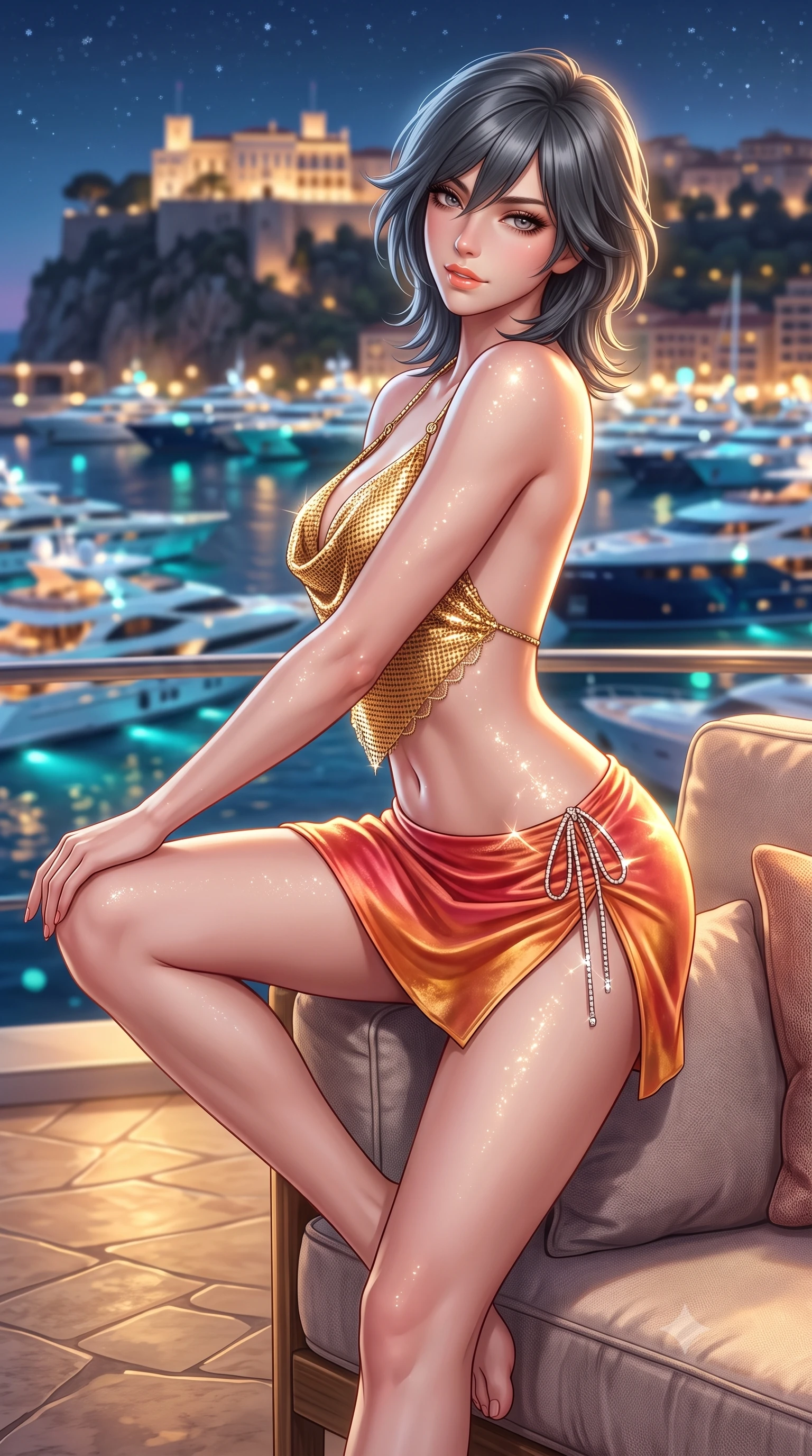 score_9, masterpiece, best quality, ultra-detailed, high-budget anime keyframe, semi-realistic 3D game render, editorial fashion photography, tasteful artistic composition, Caucasian woman. close-up cowboy shot from the waist and thighs up, the character dominates the composition, filling the frame with her large presence. perched sideways on the lounge seat, one knee drawn up to showcase her slender leg line while her arched back accentuates her feminine hip curve while twisting her slender torso in an alluring S-curve, glittering mega-yacht lights dancing across her bare shoulders, flat midriff, and curvy hips. The background shows a soft-focus hundreds of illuminated luxury yachts moored in Port Hercules, Prince's Palace on the rock cliff, and starry sky blurred into aquamarine, gold, and sapphire bokeh. She has an exceptionally elegant, slender, and willowy female figure with an ultra-slim waist, flat toned midriff, narrow ribcage, and sculpted feminine hips creating an alluring, slim hourglass silhouette without bulk. sharp v-shaped jawline, high-bridge nose, sparkling eyes with hypnotic seductive depth, thick curled eyelashes, glossy parted lips with a natural dewy peach sheen, alluring bedroom-eyes with an enchanting coquettish smile, exuding magnetic siren charisma and sophisticated glamour, flawlessly proportioned anatomical accuracy, strict slender model proportions, natural body alignment, perfectly sculpted long slender limbs, ultra-slim waistline, clean dynamic posture without body distortion. wearing a liquid gold chainmail cowl halter top paired with an ultra-low-rise velvet mini skirt and side rhinestone ties in Bali tropical frangipani coral and warm honey, made of sheer gossamer chiffon that drapes softly against skin with airy translucence, finished with scalloped eyelash lace trim framing her sweetheart neckline with intimate elegance, the high-slit wrap tailoring accentuating her ultra-slim waistline and the enchanting curve of her feminine hips with alluring seductive charm. illuminated by terrace flagstone reflection fill and sharp golden-amber rim lights sculpting her razor-sharp jawline, narrow waist, and curvy hips. highly saturated vibrant anime colors, detailed shading with soft gradients, rich glossy textures, high-contrast stereoscopic depth, volumetric dynamic lighting, master piece, 9:16 ratio