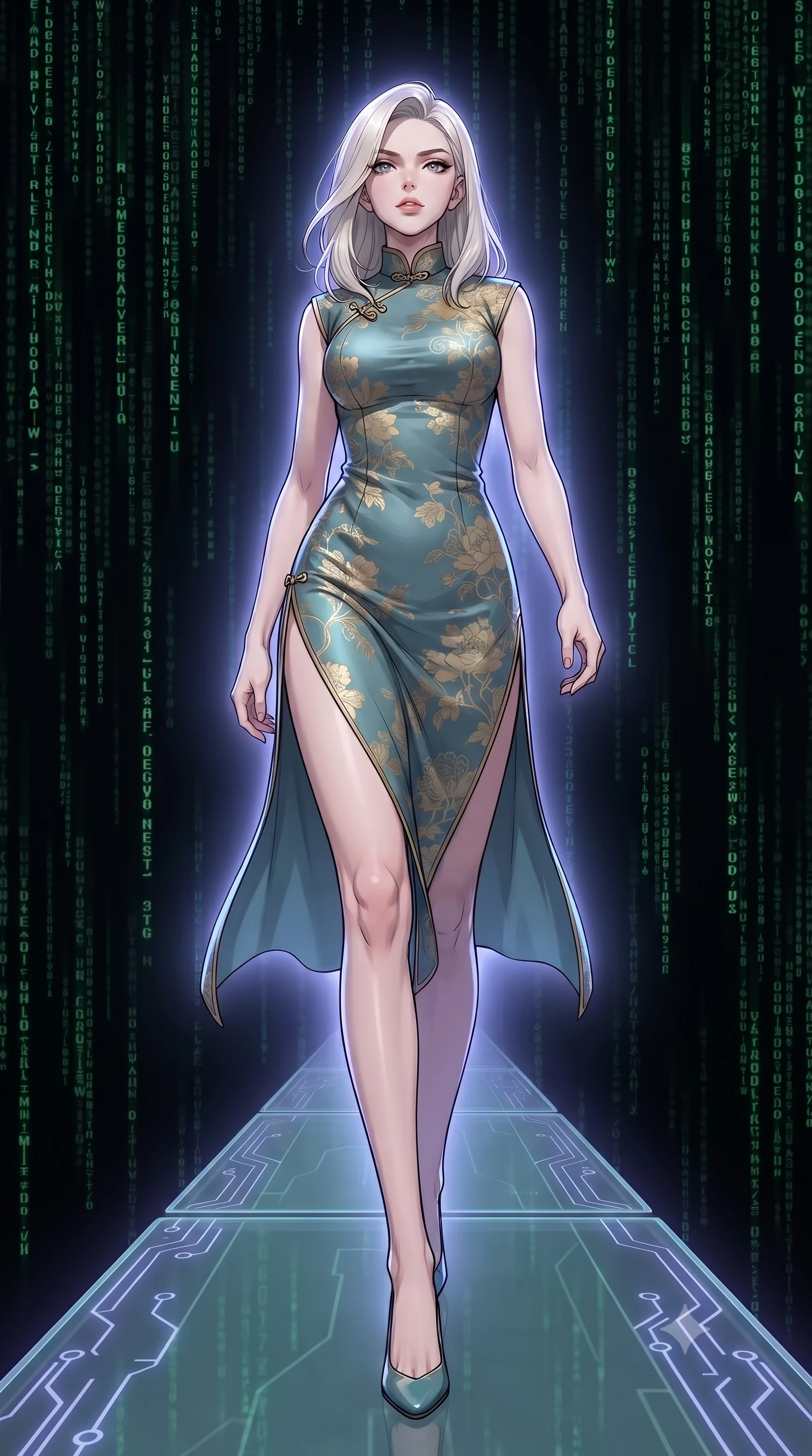 score_9, masterpiece, best quality, ultra-detailed, high-budget anime keyframe, gorgeous anime illustration, with clean line-art, distinct ink outlines, and high-contrast stereoscopic depth, Caucasian woman, strictly human ears. low angle full-body shot from head to toe showing her feet, filling the entire 9:16 vertical frame with her statuesque presence, stretching her vertical silhouette. striding with confident determination through standing on a narrow glass pathway in a dark digital void where streams of code fall like a green waterfall all around, glowing circuit patterns tracing the glass path. She has a statuesque 8.5-heads proportion, an exceptionally tall, slender and willowy model-like build with impossibly long legs and a highly sculpted ultra-slim waist. sharp v-shaped jawline, high-bridge nose, intricate jewel-like eyes with depth, thick eyelashes, glossy lips with a natural sheen. wearing a modern fusion qipao-inspired midi dress in muted teal and gold floral print with a mandarin collar. cool ethereal blue-violet bioluminescent glow wrapping around her from all sides. 2k, ultra detail, master piece, 9:16 ratio, highly saturated vibrant anime colors, detailed cel-shading with soft gradients, rich glossy textures, deep contrast, volumetric dynamic lighting, 2d animation style