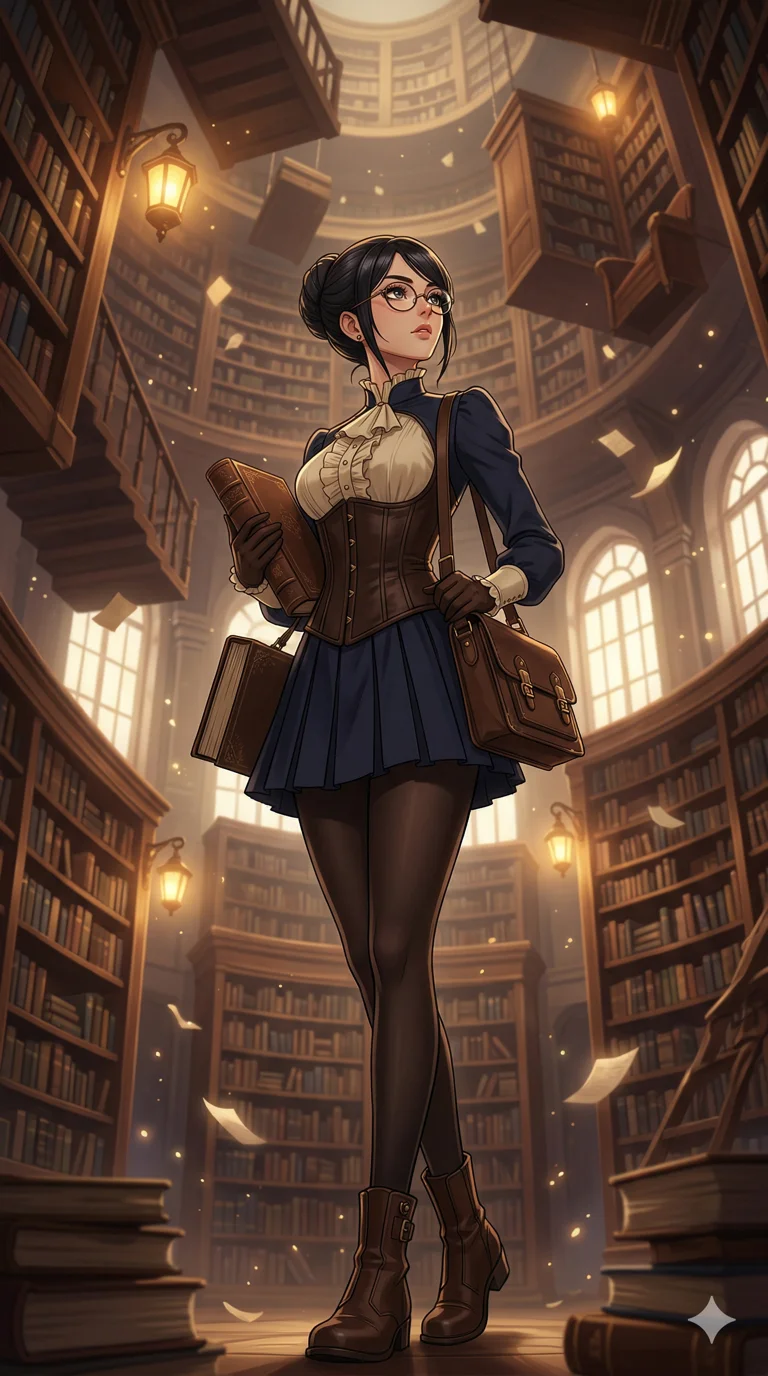 score_9, masterpiece, best quality, ultra-detailed, high-budget anime keyframe, an incredibly beautiful Japanese woman. Dynamic low angle cowboy shot filling the entire 9:16 frame with her statuesque presence. She is a librarian in a gravity-defying archive. Her figure boasts an absolutely perfect 8-heads proportion, an exceptionally tall and slender build emphasizing a delicate skinny aesthetic. Her face is a highly detailed masterpiece featuring a sharp v-shaped jawline, high-bridge nose, intricate jewel-like eyes, thick eyelashes, and glossy lips. She is wearing a sleek dark academia-inspired corset and micro skirt. A massive library where staircases and books float upside down, warm magical lighting., 2k, ultra detail, master piece, 9:16 ratio