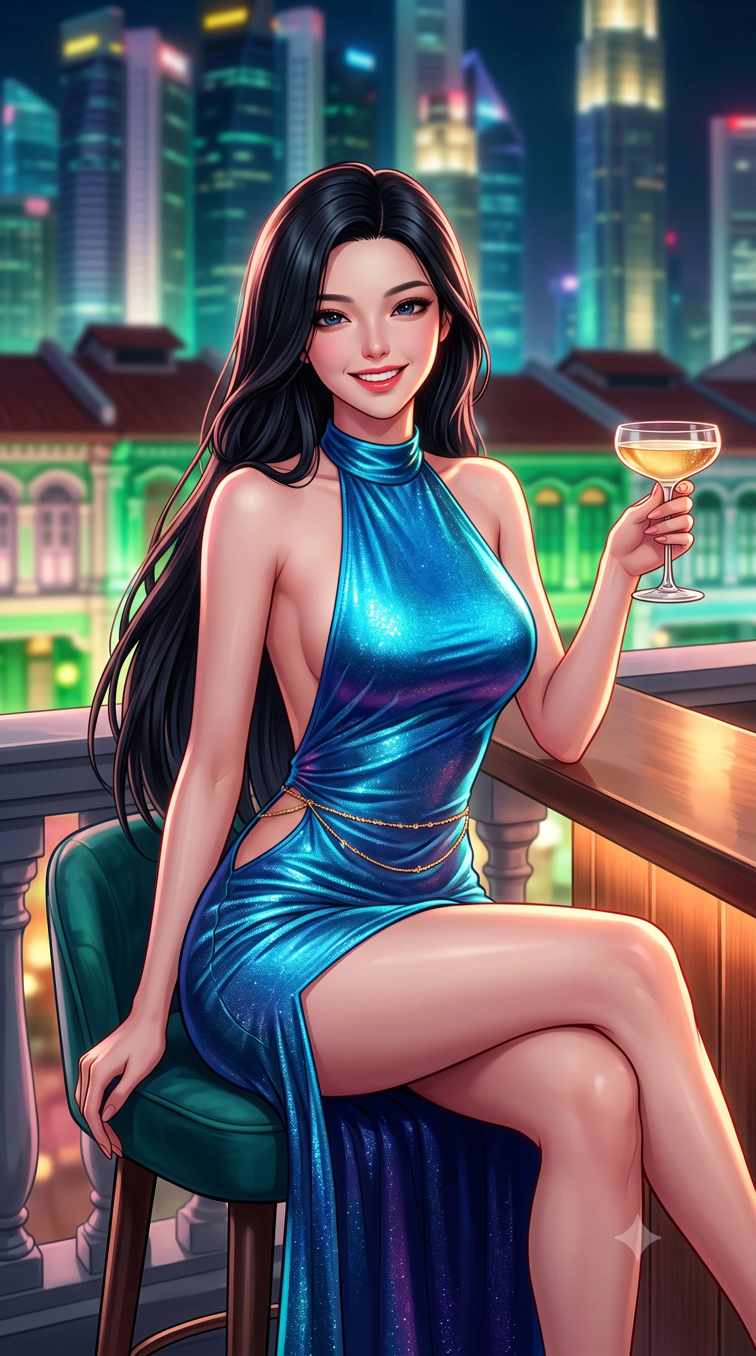 score_9, masterpiece, best quality, ultra-detailed, high-budget anime keyframe, semi-realistic 3D game render, editorial fashion photography, tasteful artistic composition, Korean woman. close-up cowboy shot from the waist and thighs up, the character dominates the composition, filling the frame with her large presence. leaning back against the balustrade with relaxed seductive grace, head tilted back slightly while casting a hypnotic, heavy-lidded gaze while sitting perched on the high velvet barstool with legs crossed, holding a coupe of champagne with magnetic, teasing charm. The background shows a soft-focus vivid green and pastel glazed Peranakan tiles, historic shophouse rooflines contrasted with soaring illuminated CBD skyscrapers, blurred into jade, ruby, and sapphire bokeh. She has an exceptionally elegant, slender, and willowy female figure with an ultra-slim waist, flat toned midriff, narrow ribcage, and sculpted feminine hips creating an alluring, slim hourglass silhouette without bulk. sharp v-shaped jawline, high-bridge nose, intricate jewel-like sparkling eyes with depth, thick eyelashes, glossy parted lips with a natural peach sheen, bright cheerful beaming smile with an enchanting and coquettish sensual glint, exuding both youthful cute charm and seductive allure, flawlessly proportioned anatomical accuracy, strict slender model proportions, natural body alignment, perfectly sculpted long slender limbs, ultra-slim waistline, clean dynamic posture without body distortion. wearing a backless halterneck cocktail dress with deep scoop back down to her lower spine and thigh-high slit in Singapore Marina Bay electric cyan and midnight sapphire, woven from stretch metallic lurex jersey casting radiant starlight glints across her curves, accented with a dainty gold belly chain resting across her flat midriff and curving hips, the second-skin tailored fabric adhering flawlessly to her sculpted flat midriff and slender torso, emphasizing her long leg lines and perfectly proportioned willowy build. illuminated by bar counter reflection fill and sharp rose-gold rim lights defining her razor-sharp jawline, narrow waist, and curvy hips. highly saturated vibrant anime colors, detailed shading with soft gradients, rich glossy textures, high-contrast stereoscopic depth, volumetric dynamic lighting, master piece, 9:16 ratio