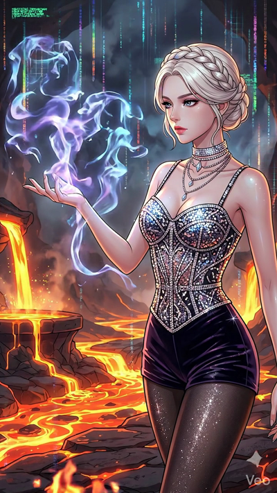 A powerful magical scene in a dark cavern with flowing orange lava. A woman in a sparkling sequined corset raises her hand, summoning ethereal blue spirit-whisps that swirl around her. The contrast between the fiery glow of the lava and the cool blue