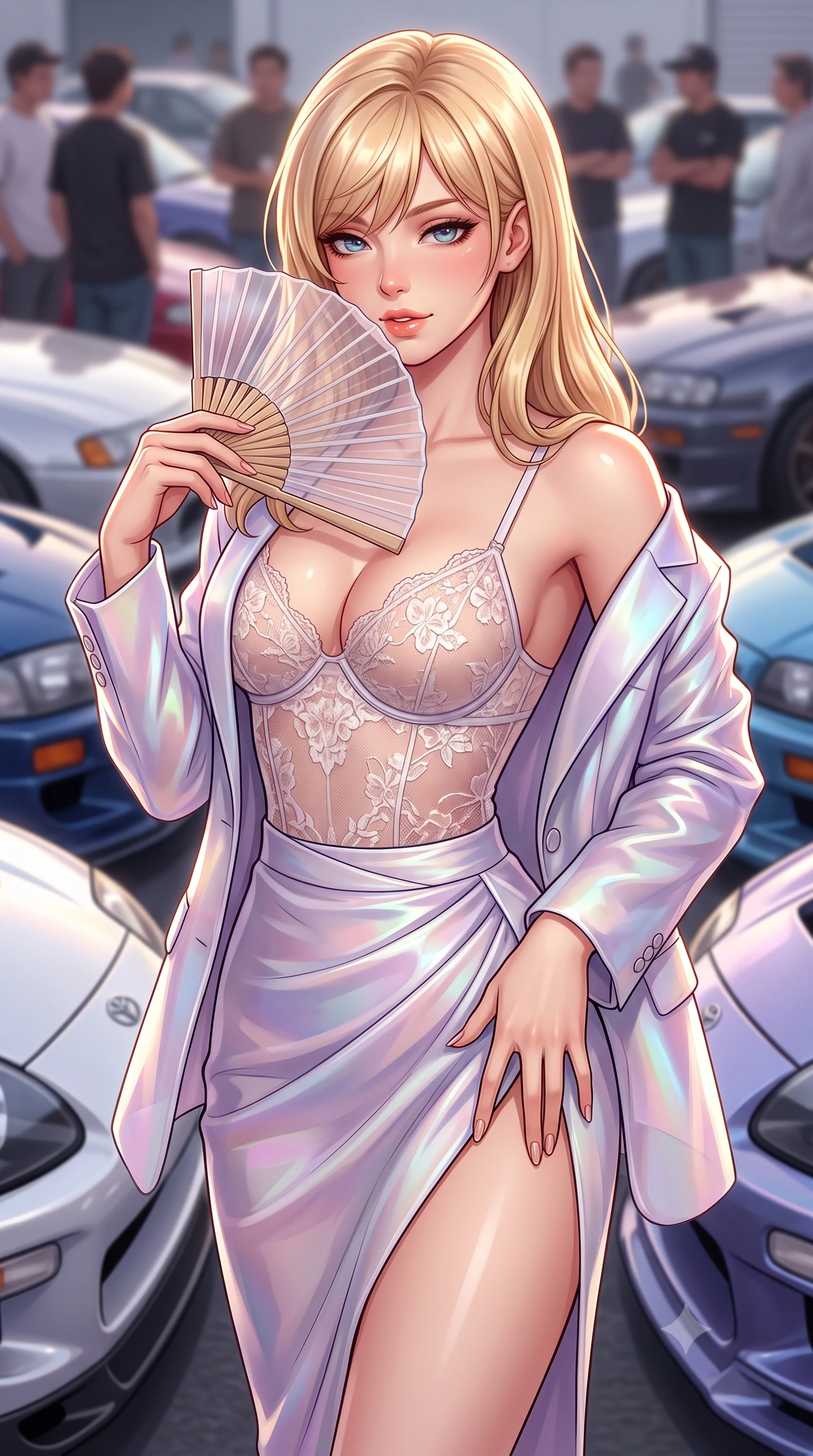 score_9, masterpiece, best quality, ultra-detailed, high-budget anime keyframe, semi-realistic 3D game render, editorial fashion photography, tasteful artistic composition, Caucasian woman. close-up cowboy shot from the waist and thighs up, the character dominates the composition, filling the frame with her large presence. tilting her head with a teasing half-smile, running one hand slowly down the side of her hip in a flirtatious S-curve as ambient light caresses her silhouette while standing poised between rows of polished classic Japanese turbos, arching her lower back with seductive racing queen glamour. The background shows a soft-focus gathering car enthusiasts softened in legendary Japanese automotive shallow focus. She has an exceptionally elegant, slender, and willowy female figure with an ultra-slim waist, flat toned midriff, narrow ribcage, and sculpted feminine hips creating an alluring, slim hourglass silhouette without bulk. sharp v-shaped jawline, high-bridge nose, sparkling eyes with hypnotic seductive depth, thick curled eyelashes, glossy parted lips with a natural dewy peach sheen, alluring bedroom-eyes with an enchanting coquettish smile, exuding magnetic siren charisma and sophisticated glamour, flawlessly proportioned anatomical accuracy, strict slender model proportions, natural body alignment, perfectly sculpted long slender limbs, ultra-slim waistline, clean dynamic posture without body distortion. wearing a delicate sheer floral lace teddy layered under an open tailored oversized blazer draped casually over bare shoulders in iridescent mother-of-pearl and misty lavender, made of delicate semi-sheer Korean gossamer organza with subtle pearlescent glints, finished with a transparent silk folding fan held gracefully near her glossy parted lips, the high-slit wrap tailoring accentuating her ultra-slim waistline and the enchanting curve of her feminine hips with alluring seductive charm. illuminated by car hood specular bounce and sharp platinum rim lights sculpting her razor-sharp jawline, flat midriff, and curvaceous hips. highly saturated vibrant anime colors, detailed shading with soft gradients, rich glossy textures, high-contrast stereoscopic depth, volumetric dynamic lighting, master piece, 9:16 ratio