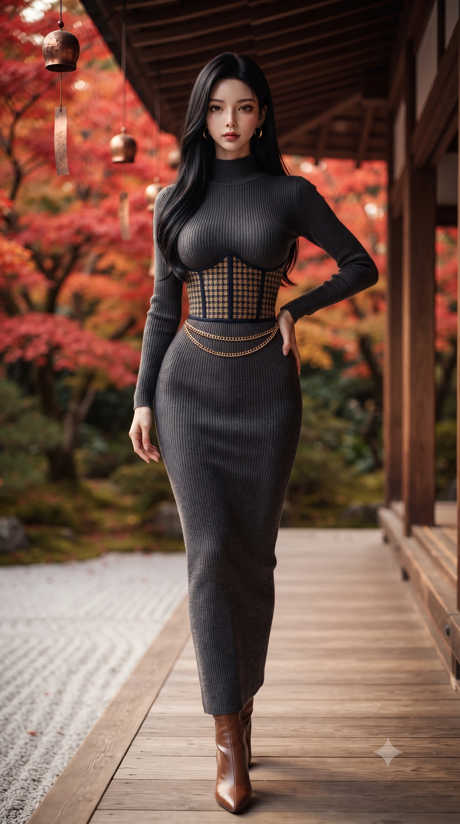score_9, masterpiece, best quality, ultra-detailed, high-budget anime keyframe, editorial fashion photography, tasteful artistic composition, Korean woman. low angle full-body shot from head to toe showing her feet, filling the entire 9:16 vertical frame with her statuesque presence, stretching her vertical silhouette. standing tall and centered in the frame with one hand on her hip, radiating statuesque poise, an ultra-slim waist, and captivating allure while walking along the exterior wooden gallery overlooking raked white gravel and flaming crimson maple leaves, her tailored coat flowing with poise. The background shows a soft-focus traditional cedar eaves and hanging copper wind chimes softened in timeless autumn temple sanctuary shallow focus. She has an exceptionally tall and slender model-like 8.5-heads proportion, an ultra-slim waist, a flat toned midriff, narrow delicate ribcage, and beautifully sculpted feminine hips creating a graceful, slim hourglass silhouette without any bulky heaviness, with impossibly long slender legs. sharp v-shaped jawline, high-bridge nose, intricate jewel-like sparkling eyes with depth, thick eyelashes, glossy parted lips with a natural peach sheen, bright cheerful beaming smile with an enchanting and coquettish sensual glint, exuding both youthful cute charm and seductive allure, flawlessly proportioned anatomical accuracy, strict slender model proportions, natural body alignment, perfectly sculpted long slender limbs, ultra-slim waistline, clean dynamic posture without body distortion. wearing a form-contouring ribbed cashmere mock-neck knit bodycon dress clinging like a second skin, paired with a tailored tweed waist cincher in Ginza vintage brass gold and midnight navy, crafted from fluid liquid velvet offering rich tactile depth while adhering to her hourglass shape, finished with a sleek gold chain belt resting snugly across her narrow waist and curving hips, the liquid-tight tailored fabric clinging flawlessly to her narrow waist and rounded feminine hips, emphasizing every millimeter of her sculpted slim hourglass curves without any bulky heaviness. illuminated by white gravel garden bounce and warm vermilion-gold rim lights defining her delicate features, jawline, and graceful silhouette. ultra-reflective glossy finish, specular highlights, rich textural contrasts, high-contrast stereoscopic depth, volumetric dynamic lighting, 2k, ultra detail, master piece, 9:16 ratio