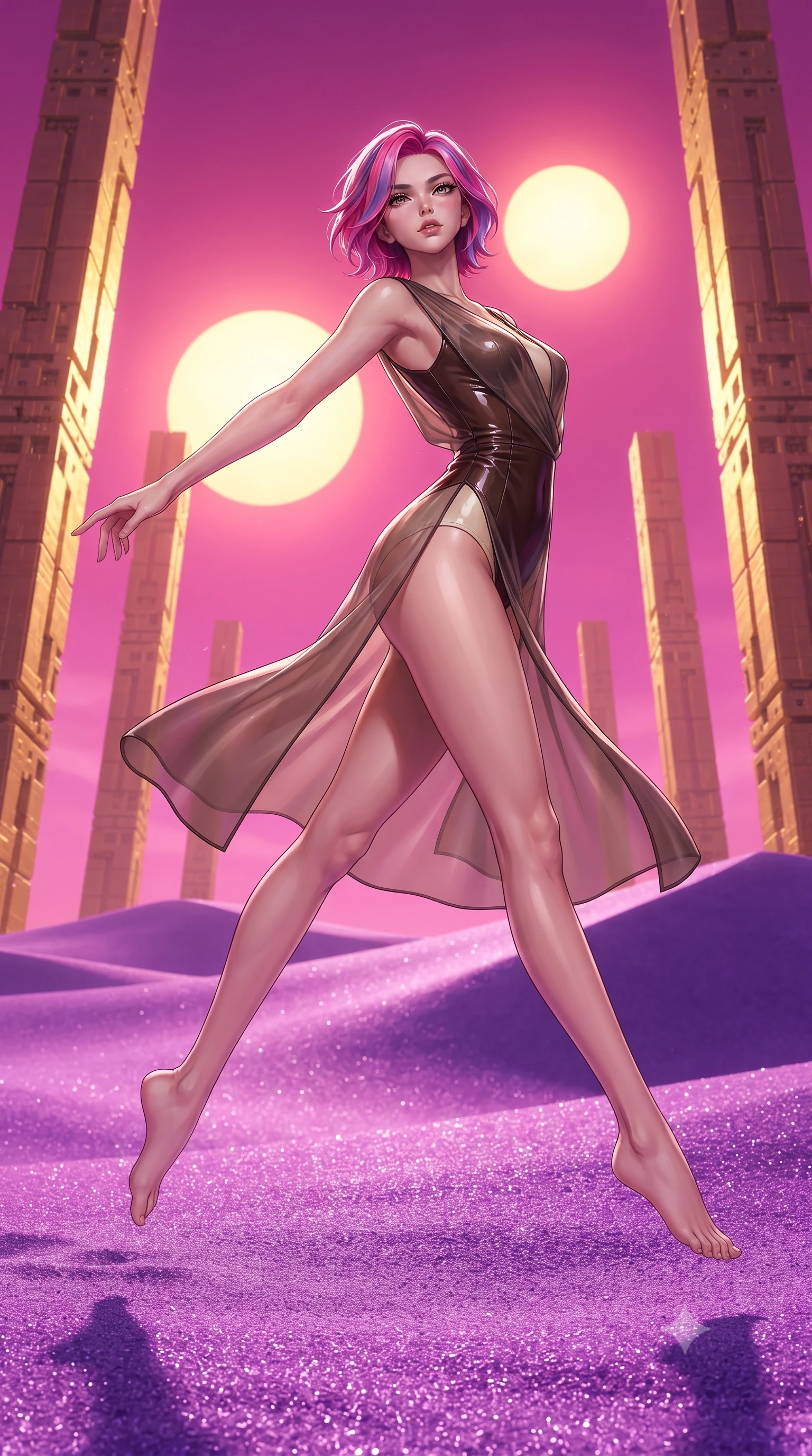 score_9, masterpiece, best quality, ultra-detailed, high-budget anime keyframe, editorial fashion photography, tasteful artistic composition, Caucasian woman. low angle full-body shot from head to toe showing her feet, filling the entire 9:16 vertical frame with her statuesque presence, stretching her vertical silhouette. leaping gracefully through the environment with statuesque elegance and long slender legs standing on a high dune of violet crystal sand under a twin sun sunset, golden fractal geometric pillars rising majestically into a magenta sky. She has an absolutely perfect, statuesque 8.5-heads proportion, an exceptionally tall and slender model-like female figure with impossibly long slender legs and an ultra-slim waist. sharp v-shaped jawline, high-bridge nose, intricate jewel-like eyes with depth, thick eyelashes, glossy lips with a natural sheen. wearing a semi-opaque sheer overlay dress over a leather micro-bodysuit in espresso brown and warm cream, tailored from high-gloss patent leather, finished with a sleek side slit ascending to mid-thigh, the elegant draped fit framing her graceful clavicle and slender torso. surrounded by an alien, majestic desert radiance. highly saturated vibrant anime colors, detailed shading with soft gradients, rich glossy textures, high-contrast stereoscopic depth, volumetric dynamic lighting, master piece, 9:16 ratio