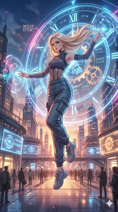 score_9, masterpiece, best quality, ultra-detailed, high-budget anime movie keyframe, cinematic anime lighting, intricate line art, Japanese anime girl. Mid-air action shot capturing a graceful twist and vertical silhouette. interfacing with a giant 