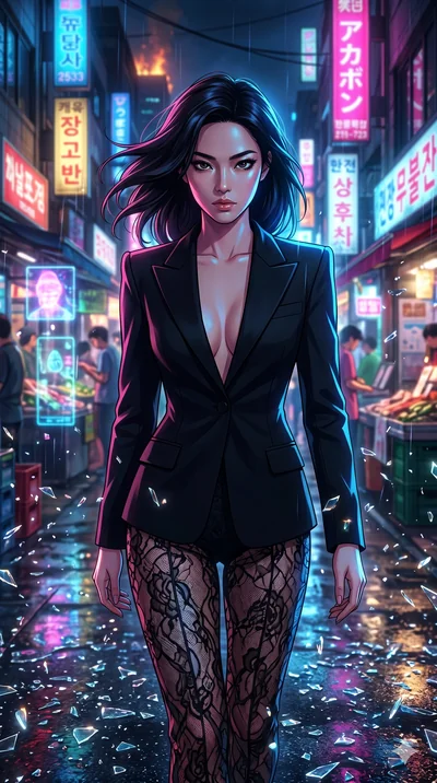 score_9, masterpiece, best quality, ultra-detailed, Set A: High-budget Anime Keyframe, Korean woman. Upper body close-up from the thighs up, character filling the screen for maximum presence. Walking gracefully through a neon-lit Neo-Seoul market, wi