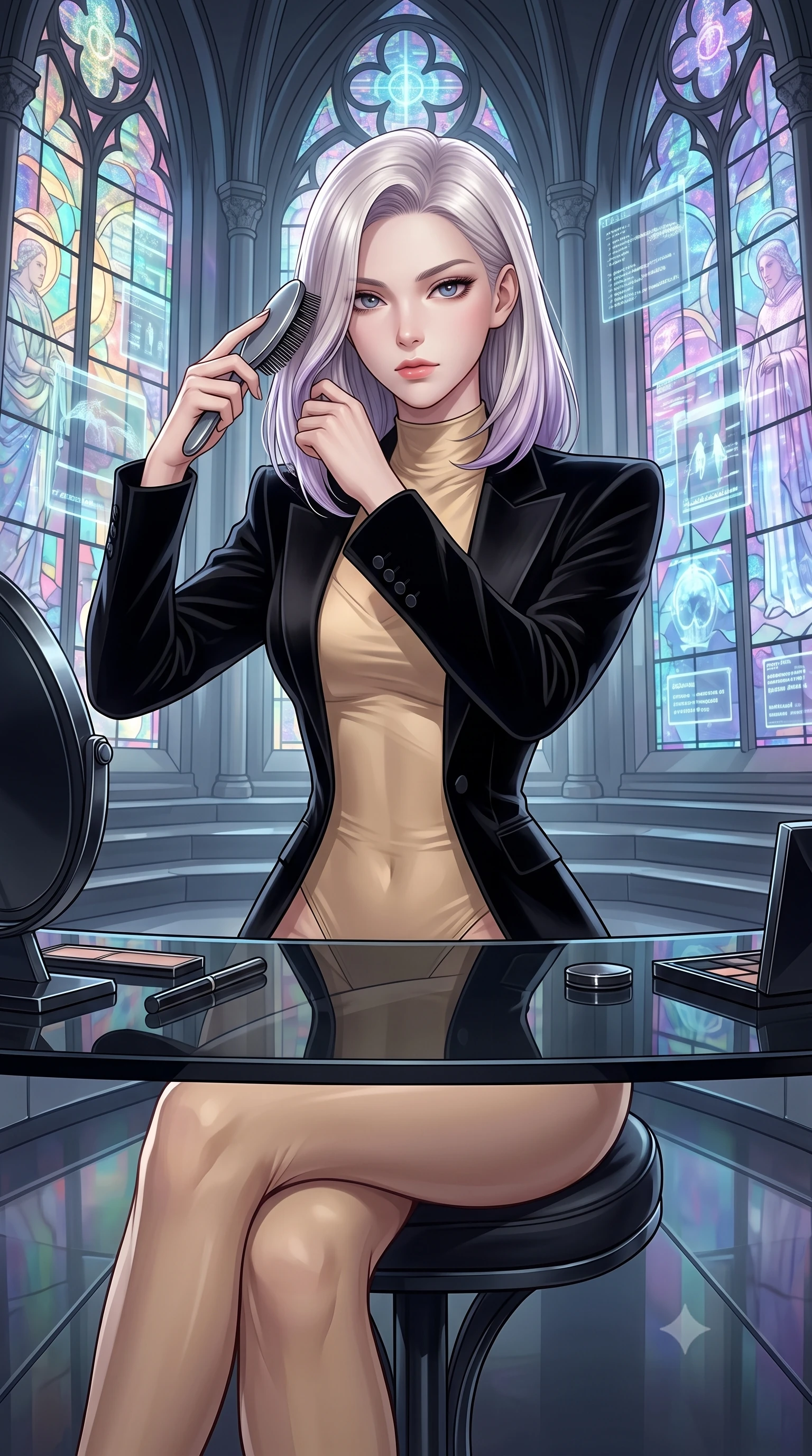 score_9, masterpiece, best quality, ultra-detailed, High-budget Anime Keyframe, Caucasian woman, strictly human ears. Low angle cowboy shot filling the entire 9:16 frame with her statuesque presence. Scenario 407: brushing her hair while seated before a vanity of black glass in a futuristic cathedral with holographic stained-glass windows. Her presence is magnetic and overpowering in this high-budget anime scene. Outfit 407: a form-contouring champagne gold shimmering chiffon bodysuit layered under a structured velvet blazer. The clothing is designed to emphasize her exceptionally tall and slender 8-heads proportion. 8-heads proportion, towering silhouette, ultra-slim waist. sharp v-shaped jawline, intricate jewel-like eyes with depth, thick eyelashes, glossy lips. 2k, ultra detail, master piece, 9:16 ratio